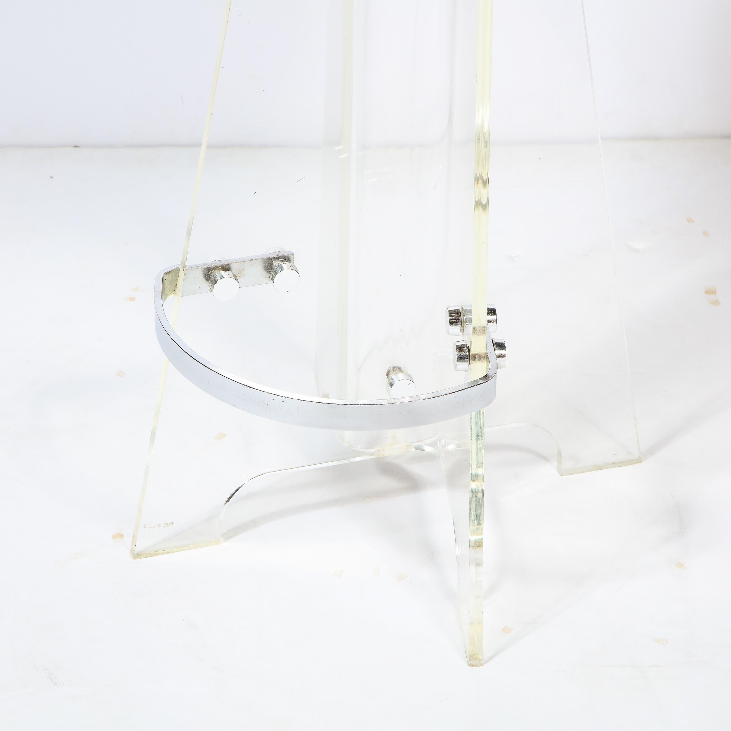 Late 20th Century Pair of Mid-Century Modern Lucite, Chrome Bar Stools in Holly Hunt Upholstery For Sale