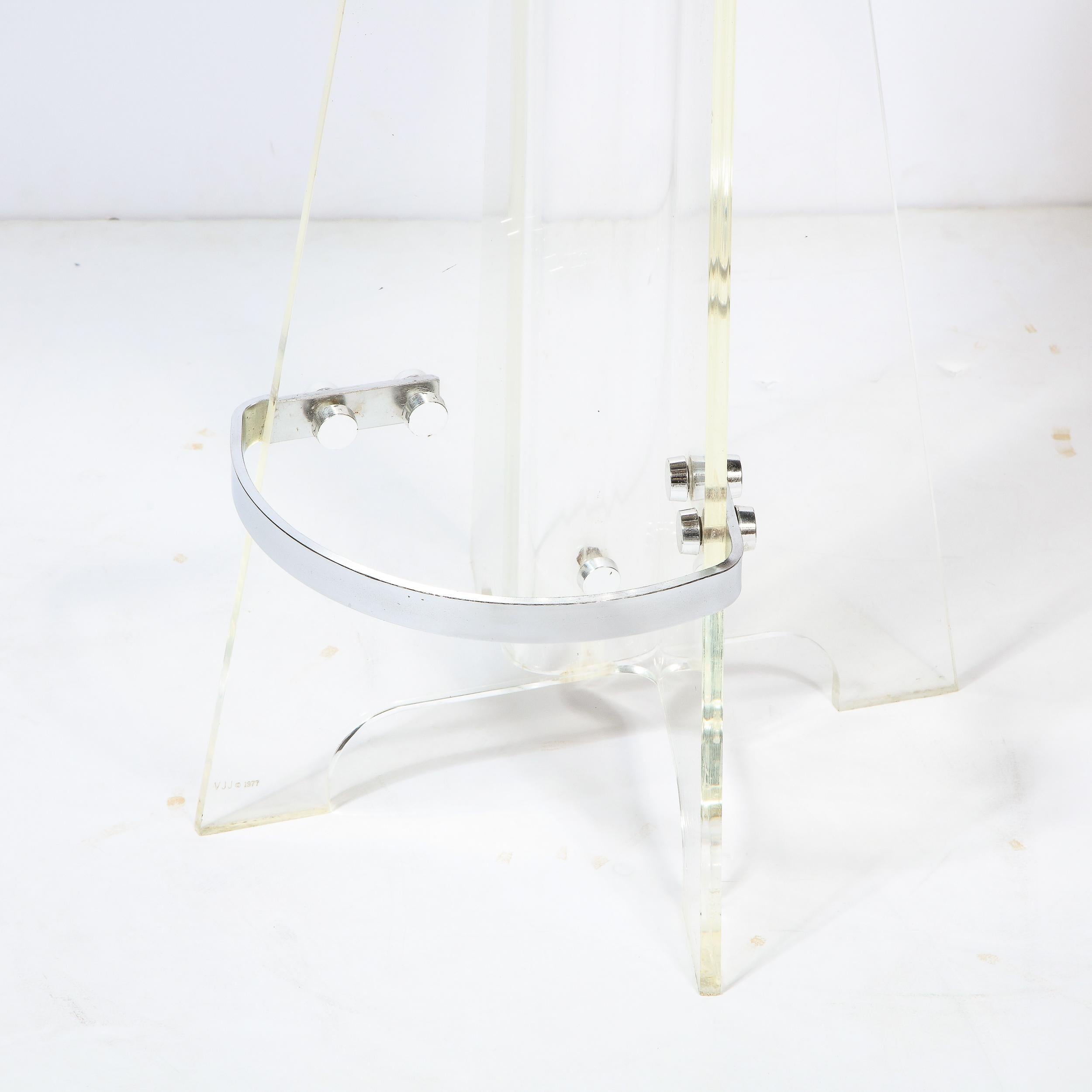 Late 20th Century Pair of Mid-Century Modern Lucite, Chrome Bar Stools in Holly Hunt Upholstery