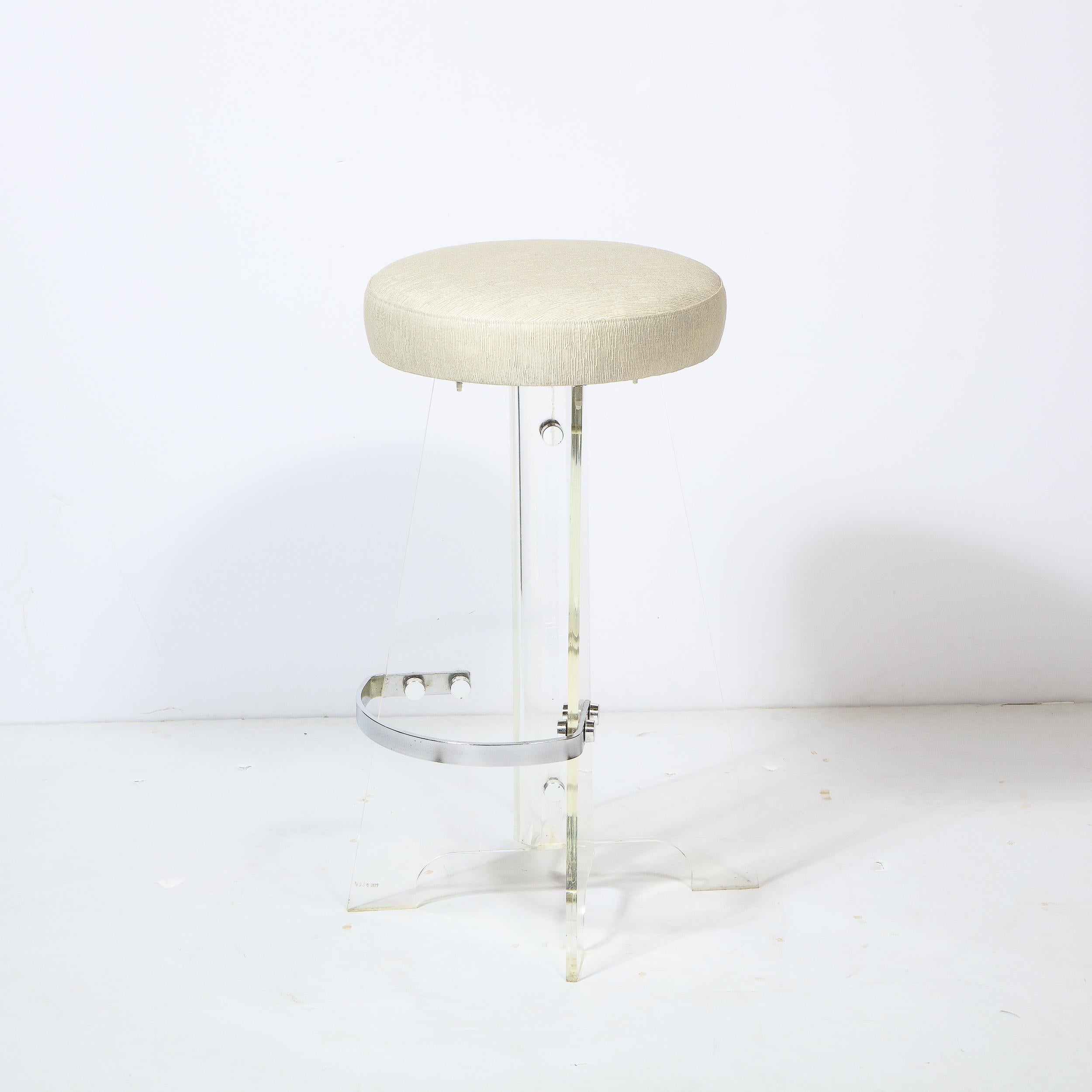 Fabric Pair of Mid-Century Modern Lucite, Chrome Bar Stools in Holly Hunt Upholstery For Sale