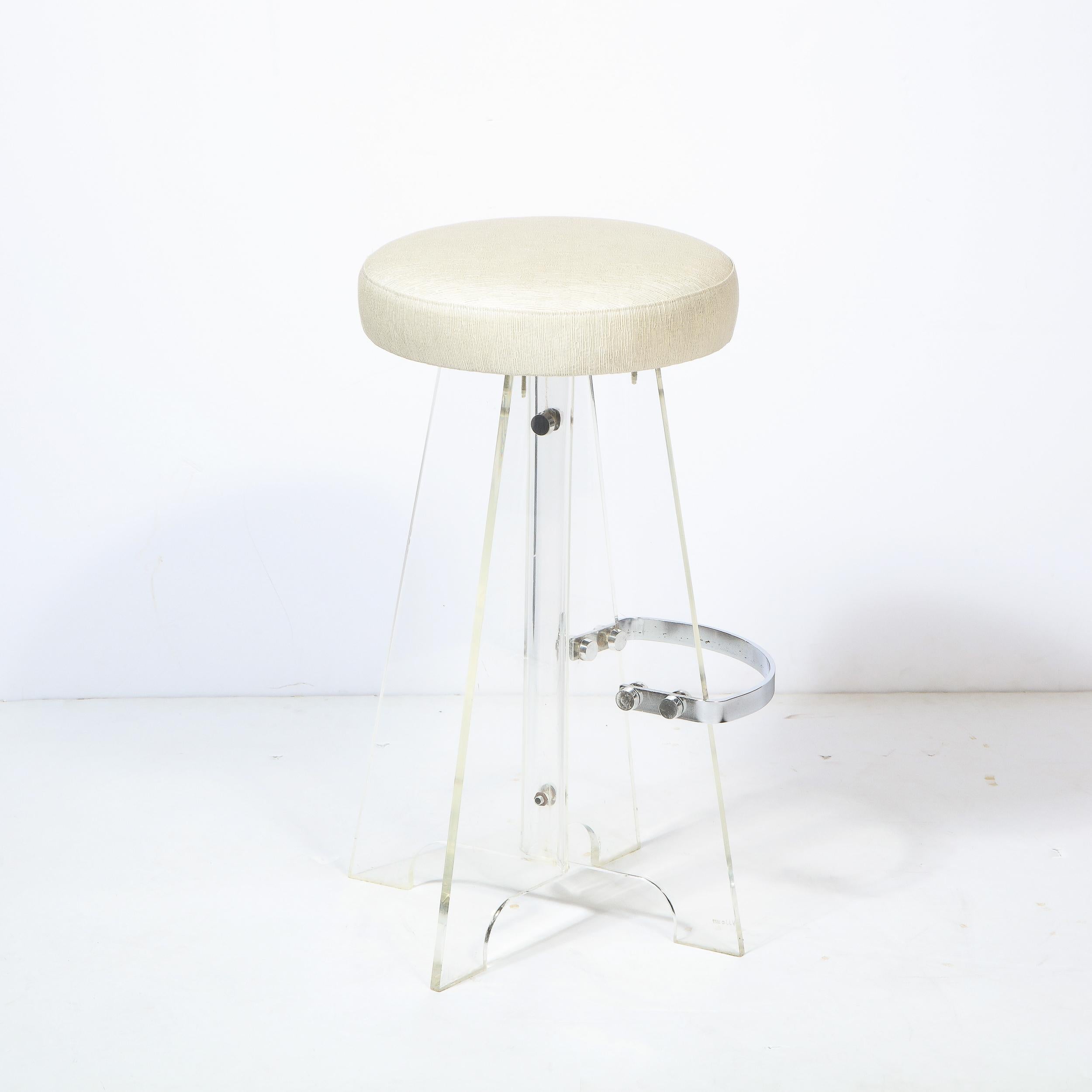 Pair of Mid-Century Modern Lucite, Chrome Bar Stools in Holly Hunt Upholstery For Sale 2