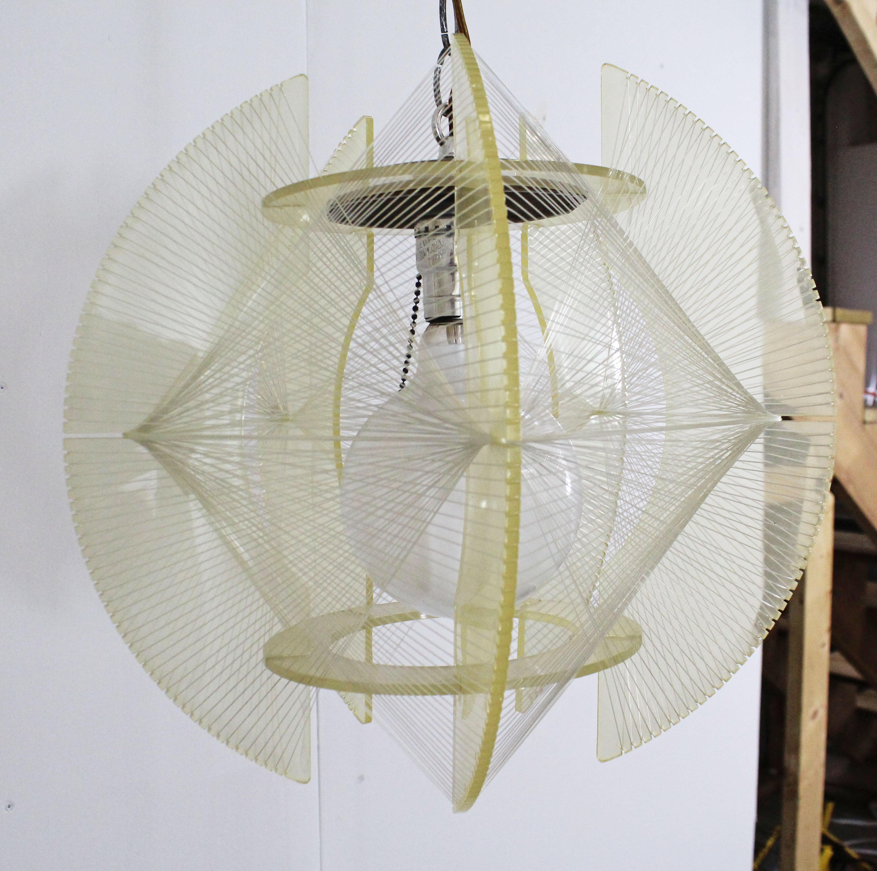 American Pair of Mid-Century Modern Lucite & Nylon String Hanging Chain Pendant Lamps