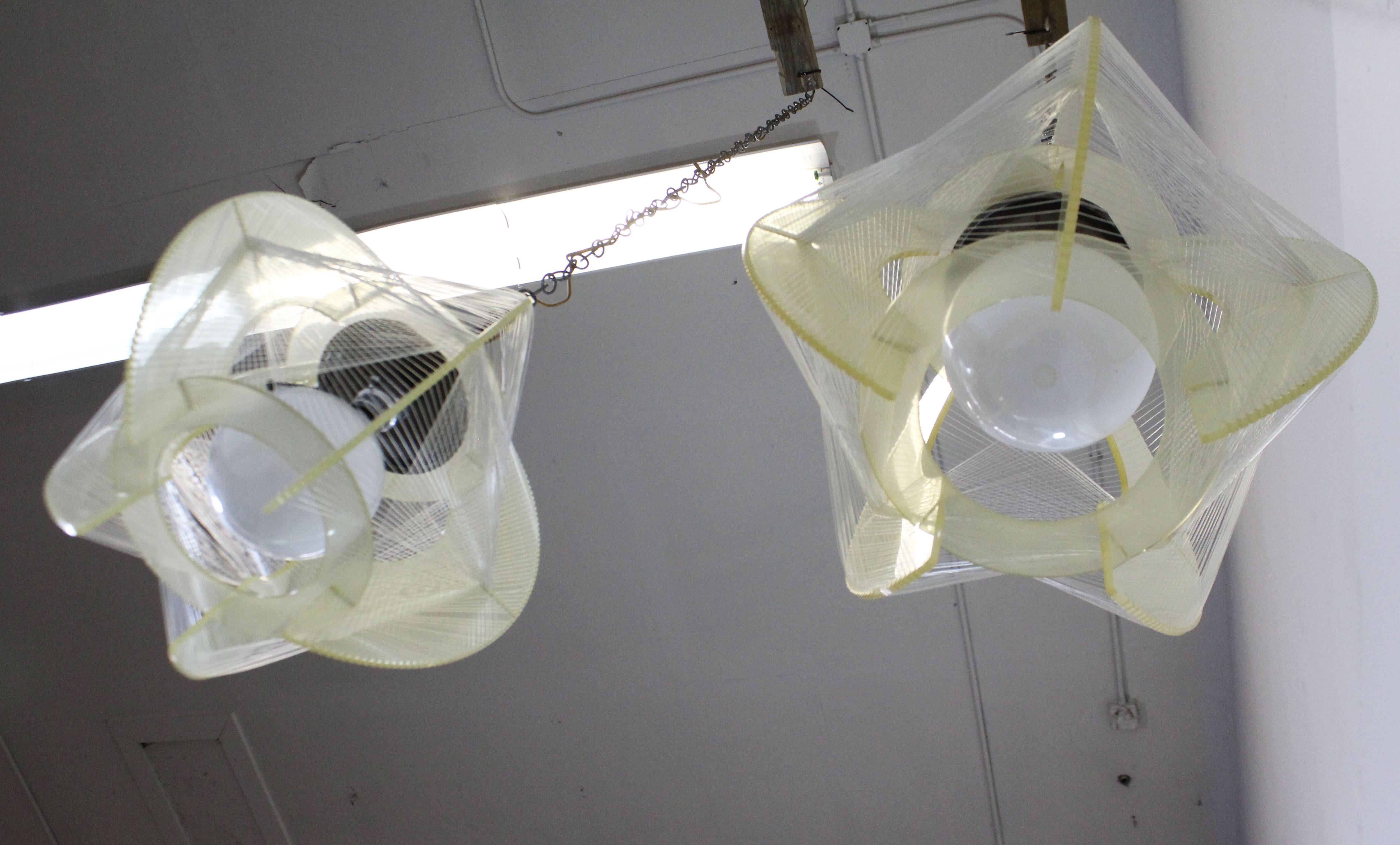 20th Century Pair of Mid-Century Modern Lucite & Nylon String Hanging Chain Pendant Lamps