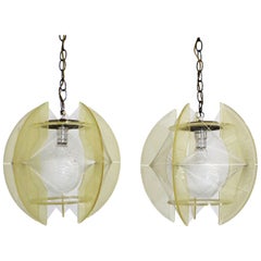 Vintage Pair of Mid-Century Modern Lucite & Nylon String Hanging Chain Pendant Lamps