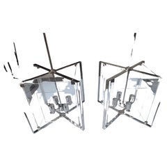 Pair of Mid Century Modern Lucite with Chrome Hanging Pendant Lamps