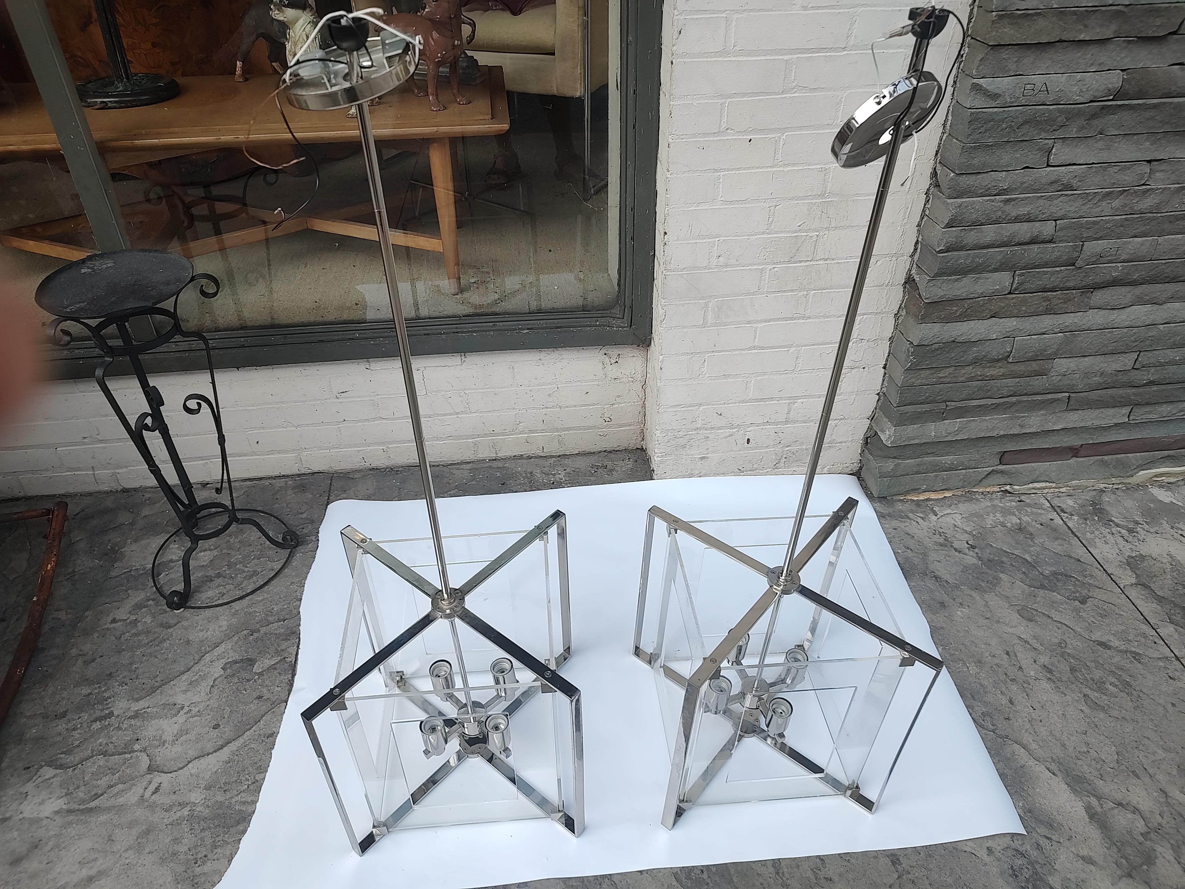 Pair of Mid Century Modern Lucite with Chrome Hanging Pendant Lamps  For Sale 3