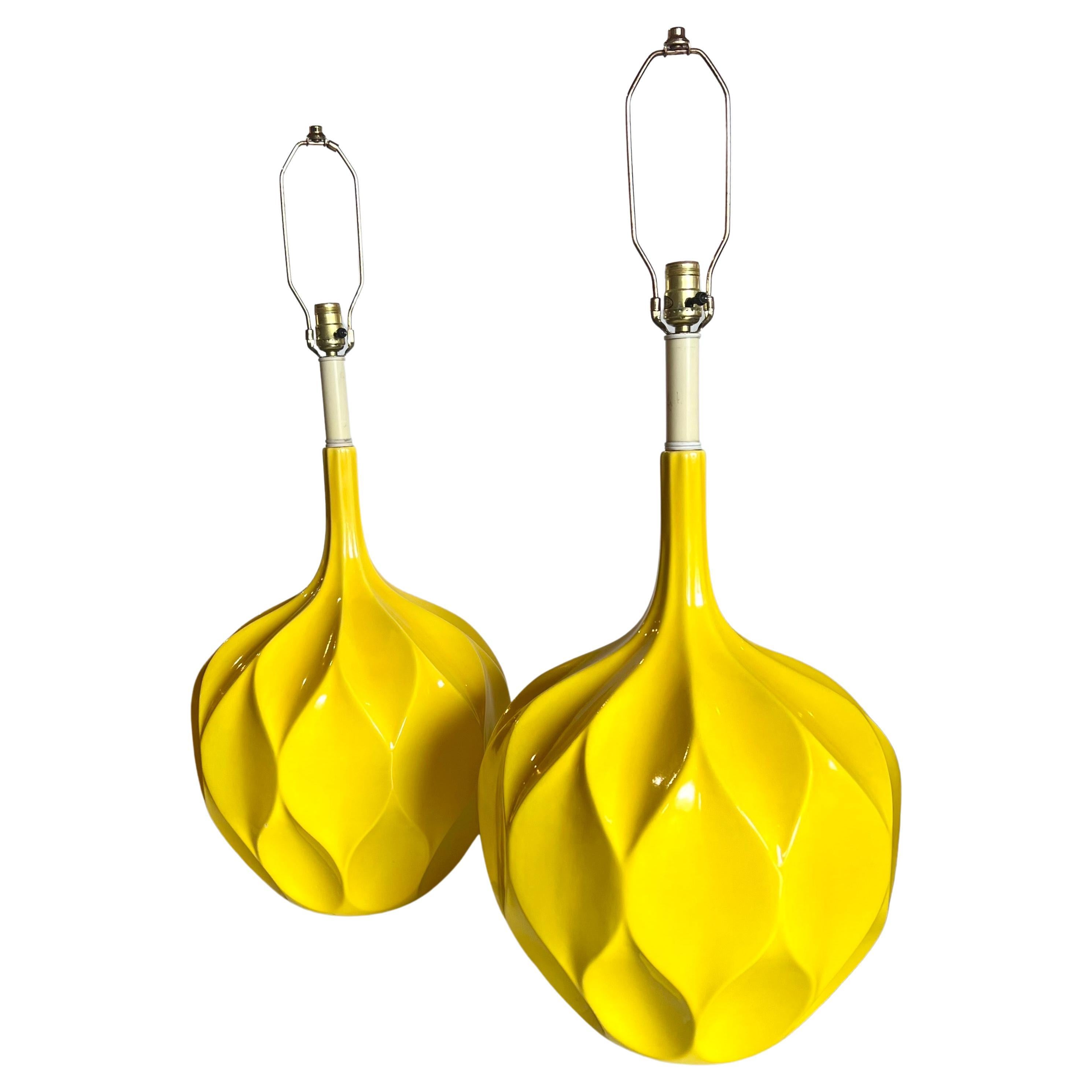 Pair of Mid-Century Modern Majestic Ceramic X Large Yellow Table Lamps