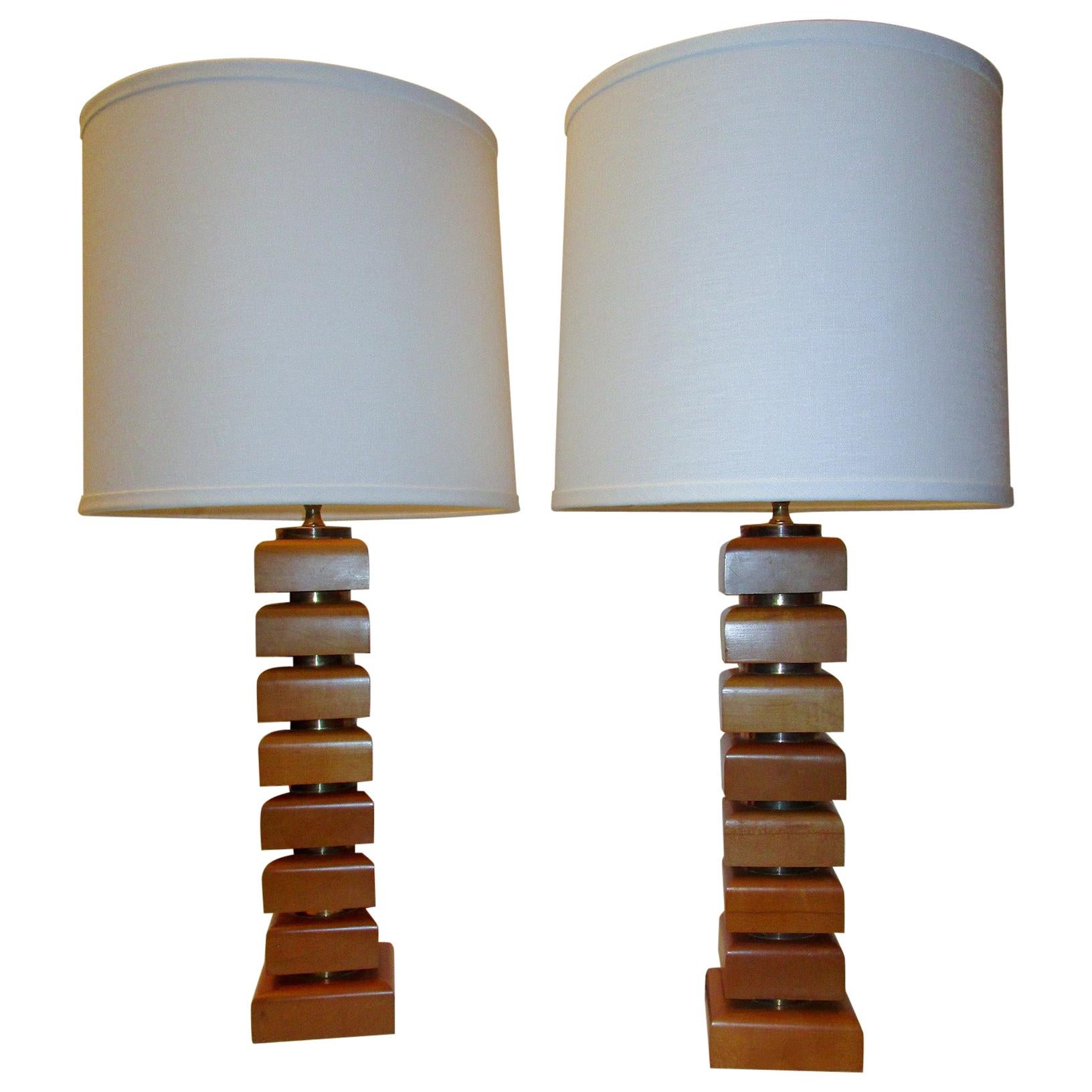 Pair of Mid-Century Modern Maple and Brass Table Lamps