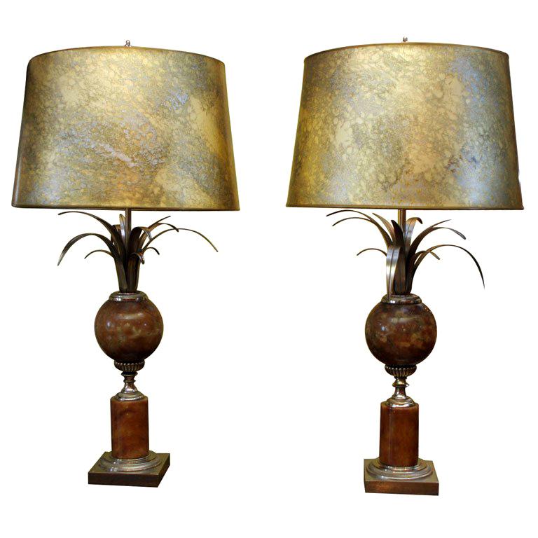 Pair of Mid Century Modern  "Marble"  & Brass Table Lamps For Sale