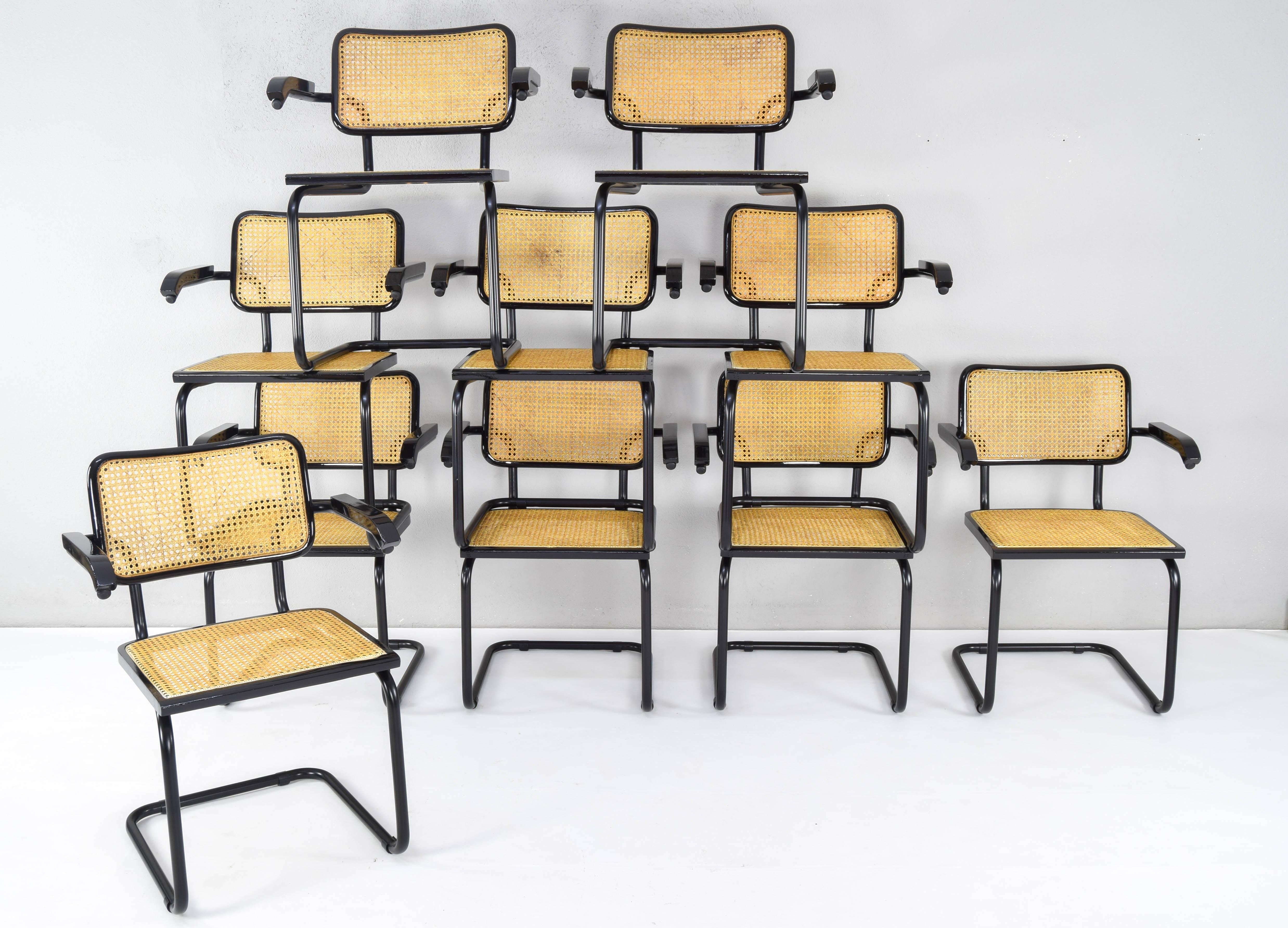 Cesca chairs, model B64.
Sale in pairs.
Ten units available (five pairs).

Tubular structure in black lacquered steel in excellent condition. Black lacquered beech wood frames and natural Viennese grille. All new seat grilles have been