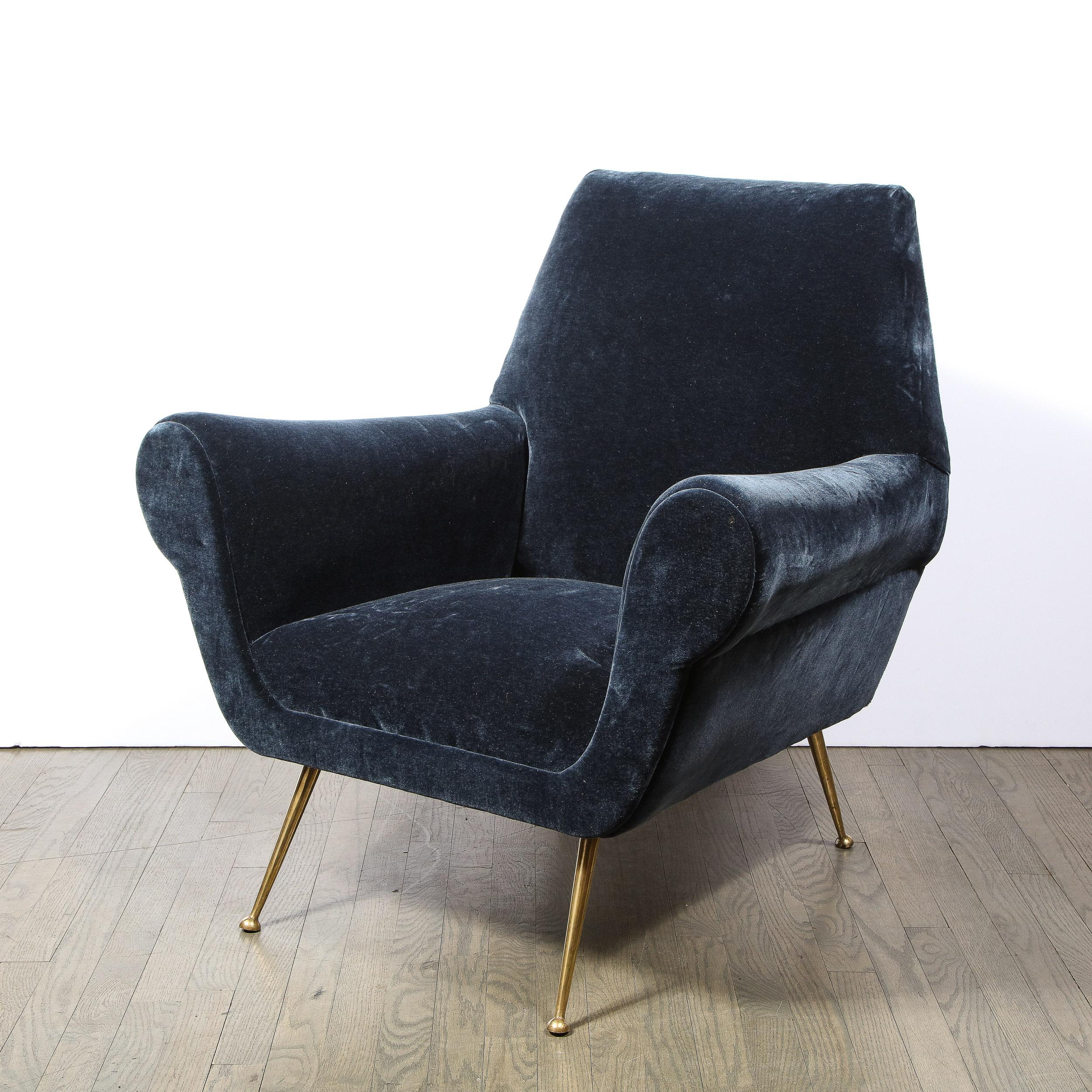 Italian Pair of Mid-Century Modern Marco Zanuso Lounge Chairs with Sculptural Brass Legs