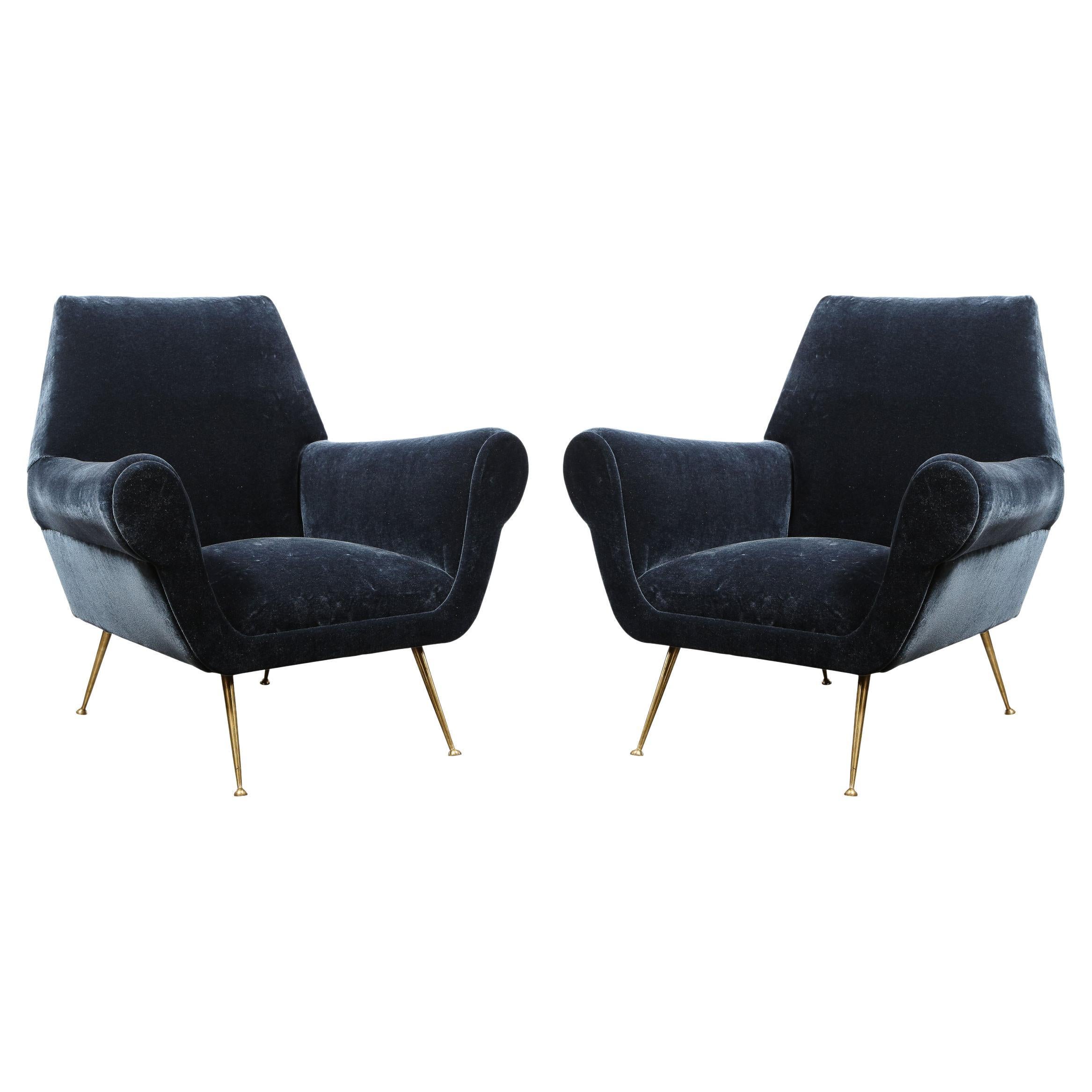 Pair of Mid-Century Modern Marco Zanuso Lounge Chairs with Sculptural Brass Legs
