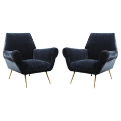 Pair of Mid-Century Modern Marco Zanuso Lounge Chairs with Sculptural Brass Legs