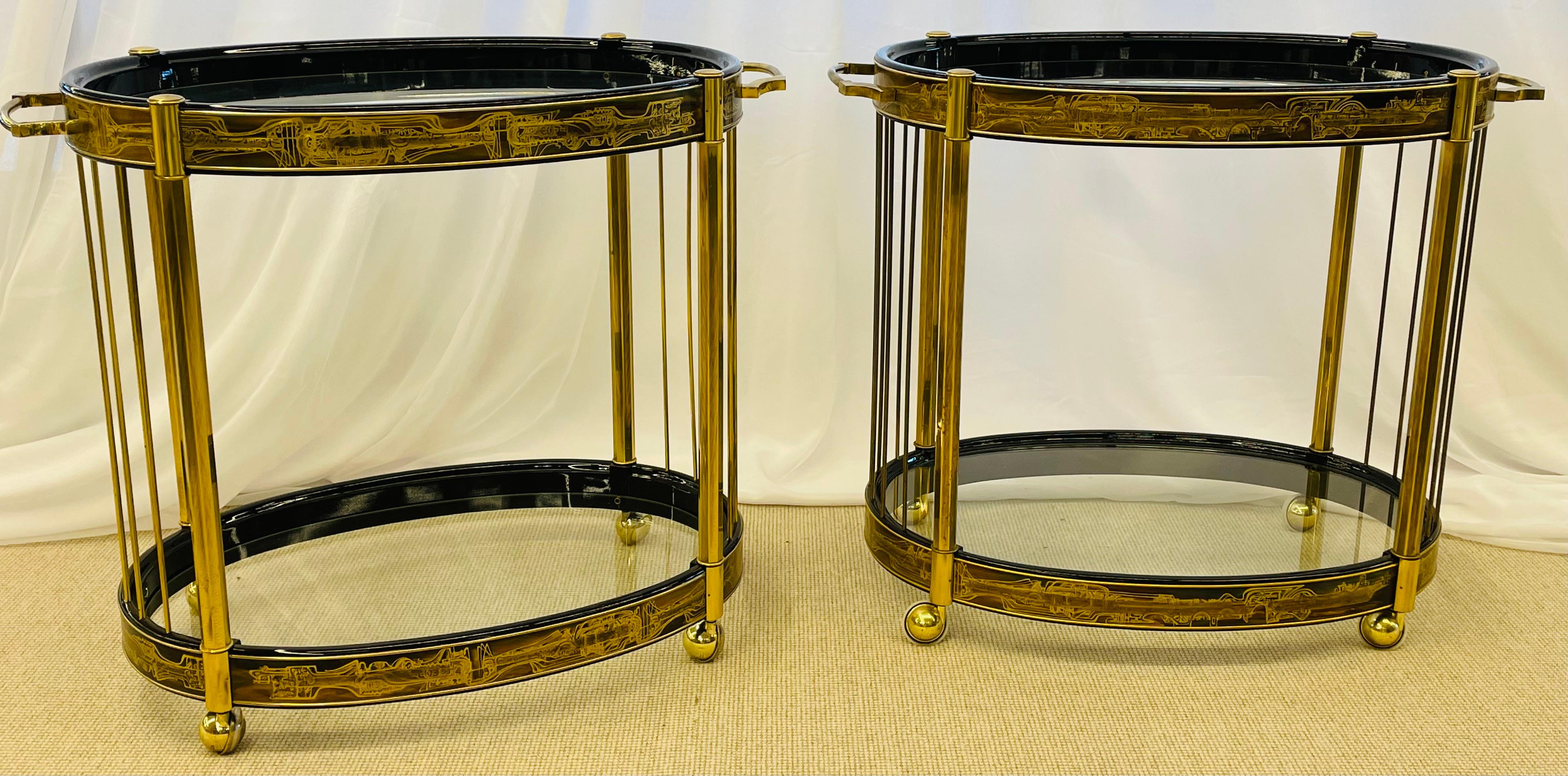 Mastercraft, Mid-Century Modern Serving Wagons, Gold Brass, Black Lacquer, 1960s For Sale 6