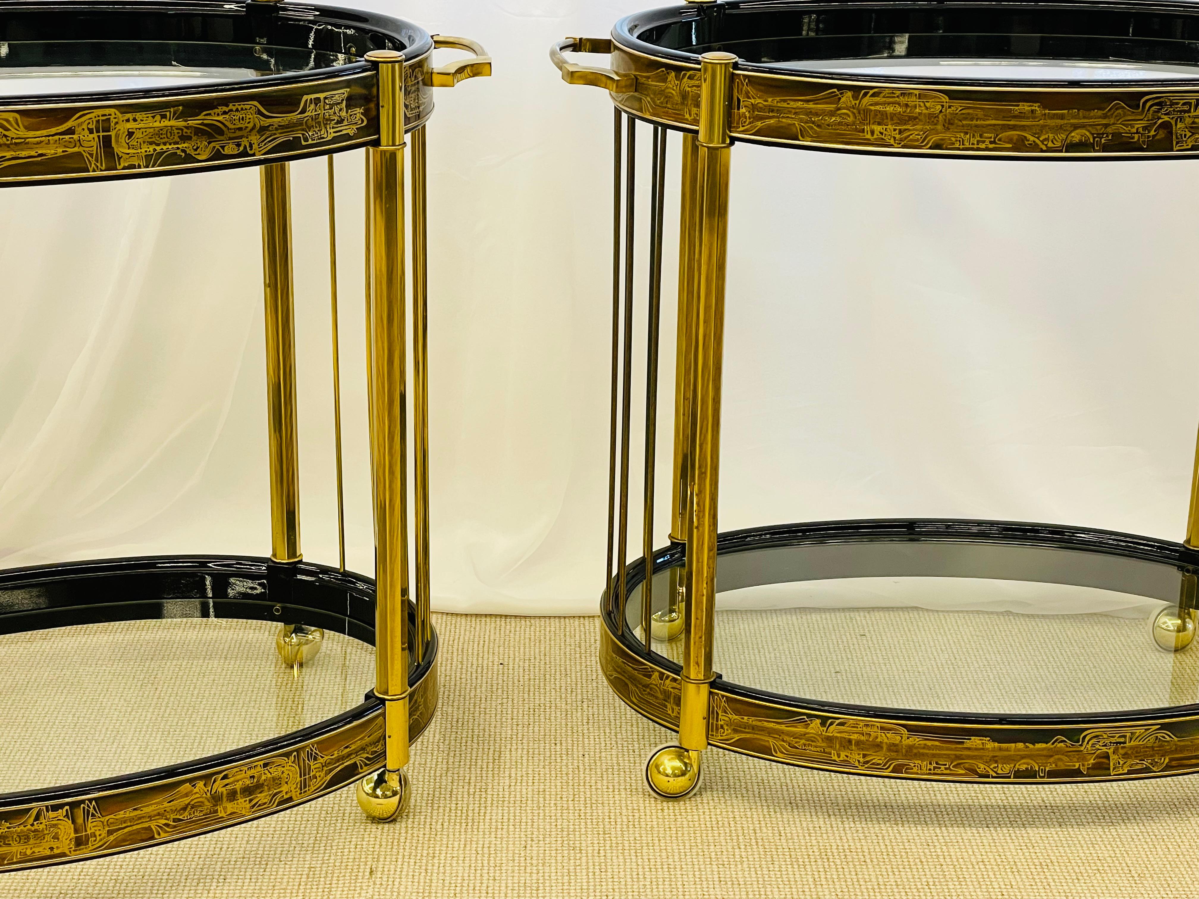 Mastercraft, Mid-Century Modern Serving Wagons, Gold Brass, Black Lacquer, 1960s For Sale 7