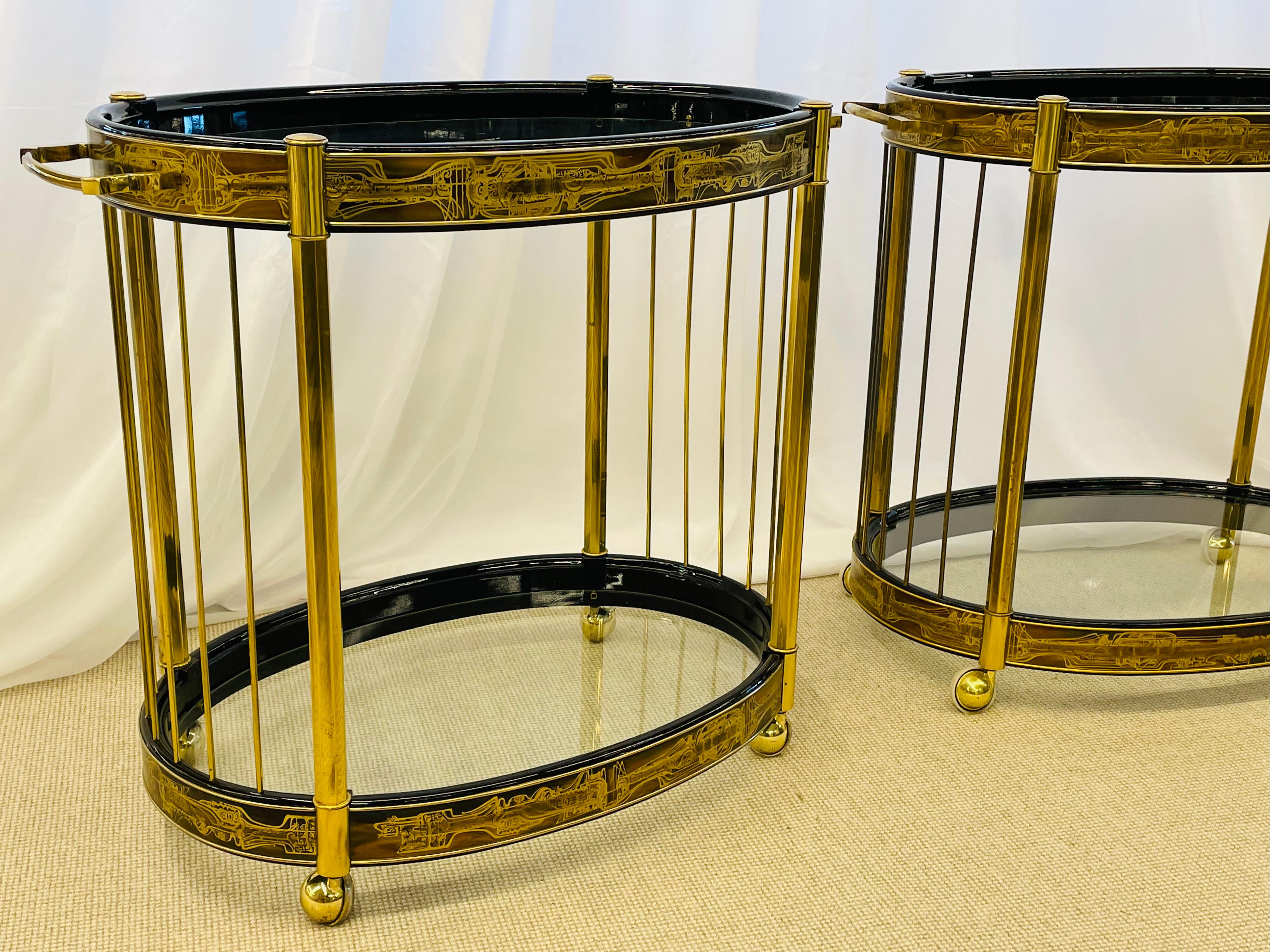 Mastercraft, Mid-Century Modern Serving Wagons, Gold Brass, Black Lacquer, 1960s For Sale 8