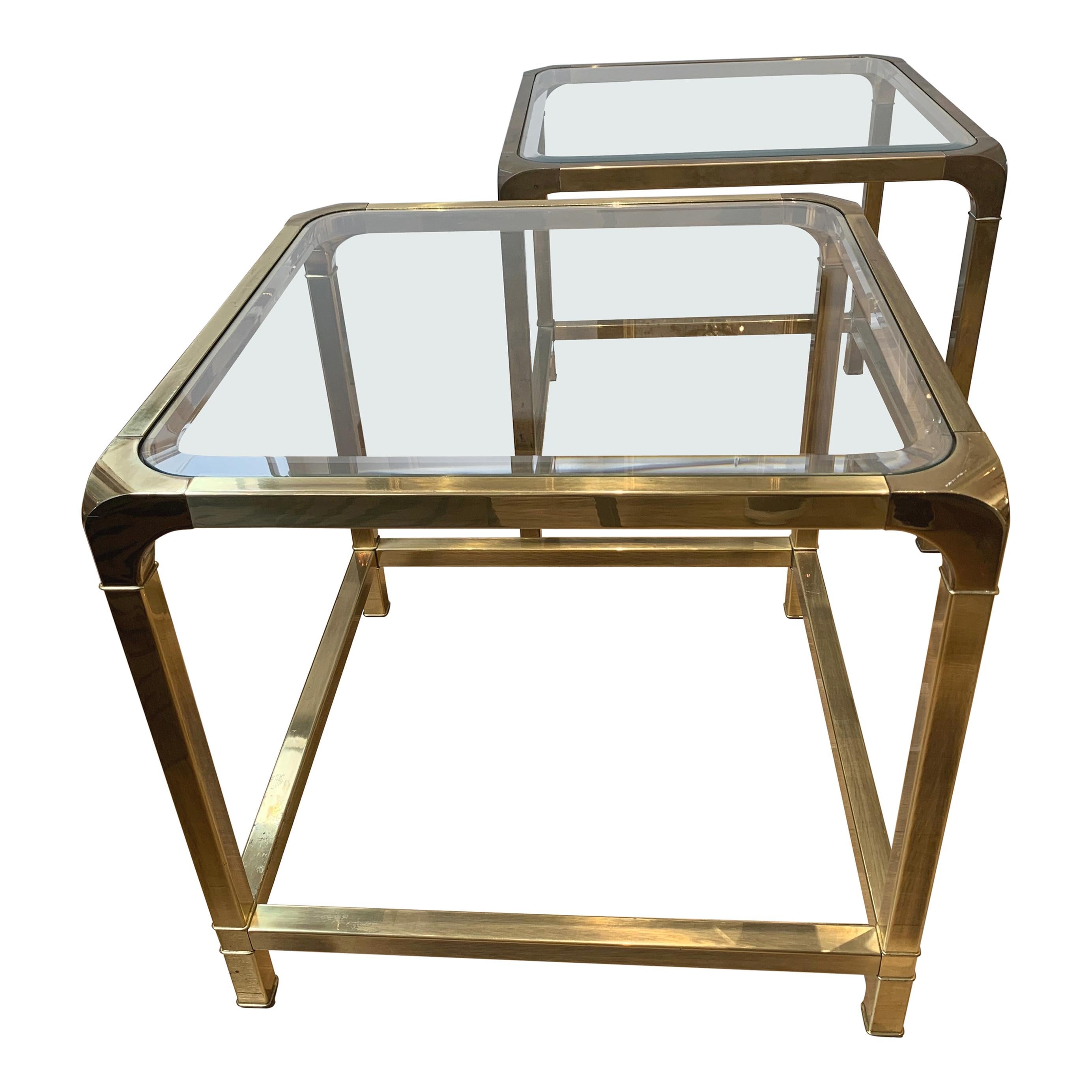 Pair of Mid-Century Modern Mastercraft Brass Side Tables, with Inset Glass Top