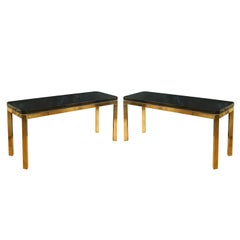 Pair of Mid-Century Modern Mastercraft Style Brass and Black Lacquer Consoles