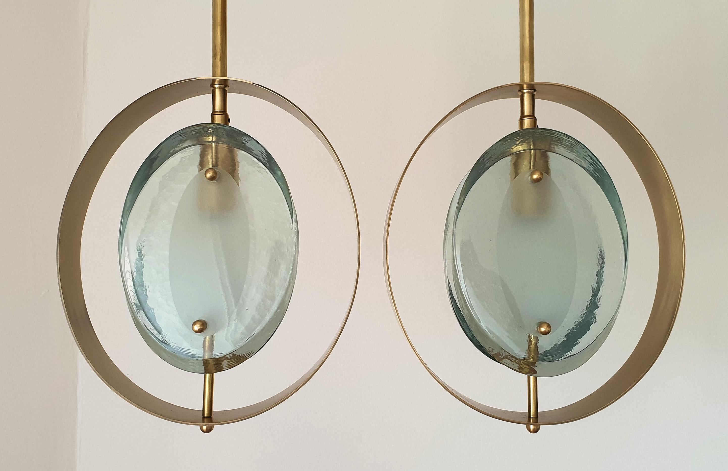 Polished Pair of Mid-Century Modern Max Ingrand Style Brass and Glass Pendants, 1960s