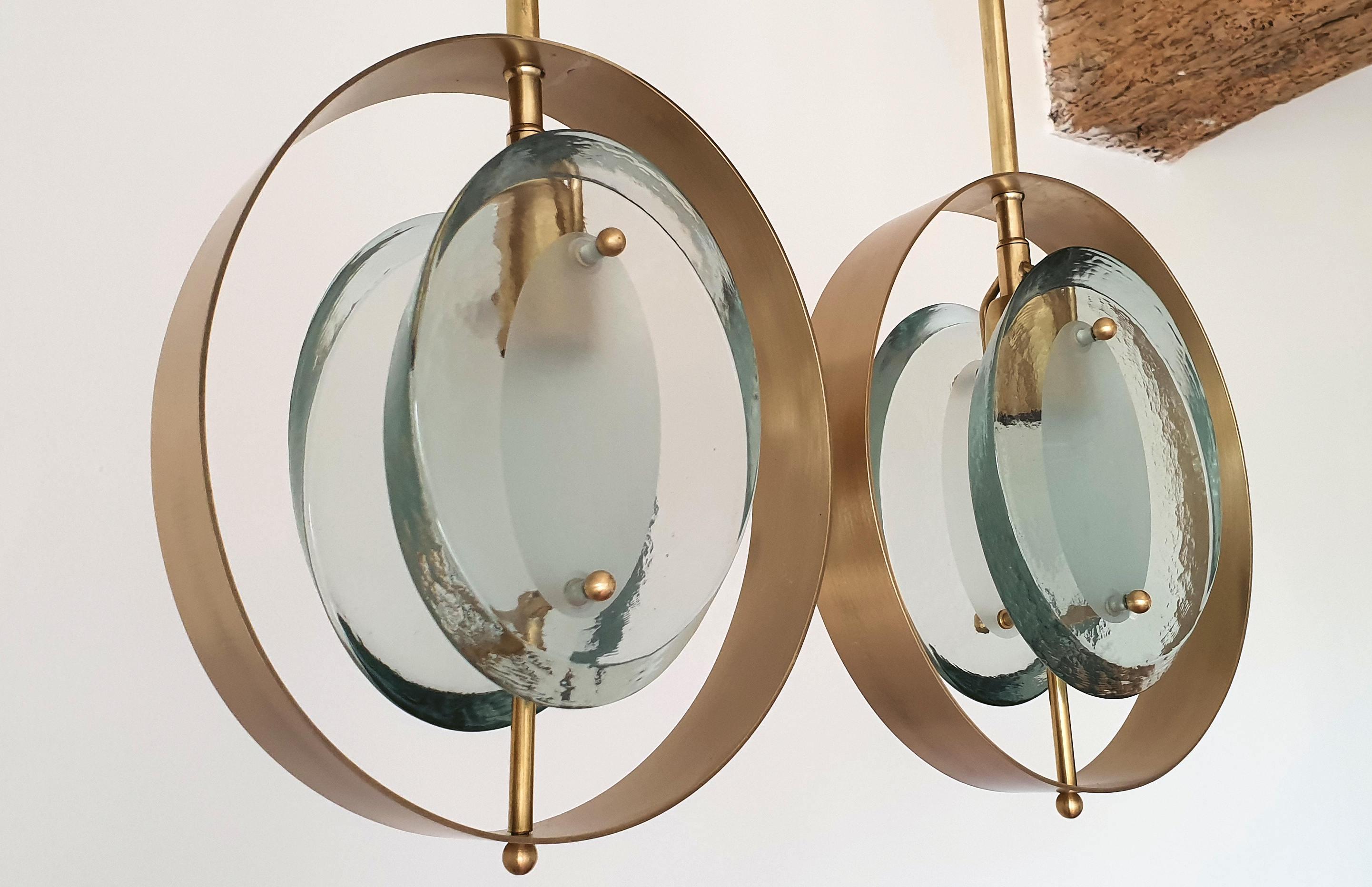 Pair of Mid-Century Modern Max Ingrand Style Brass and Glass Pendants, 1960s In Excellent Condition In Dallas, TX