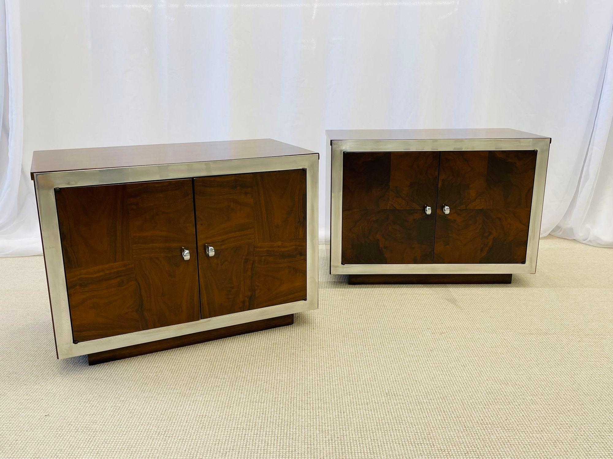 Pair of American Mid-Century Modern Milo Baughman style nightstands, Burlwood, Chrome
Set of low profile nightstands having two doors that swing open and original chrome hardware/accents, attributed to Milo Baughman. The fine rosewood style veneer