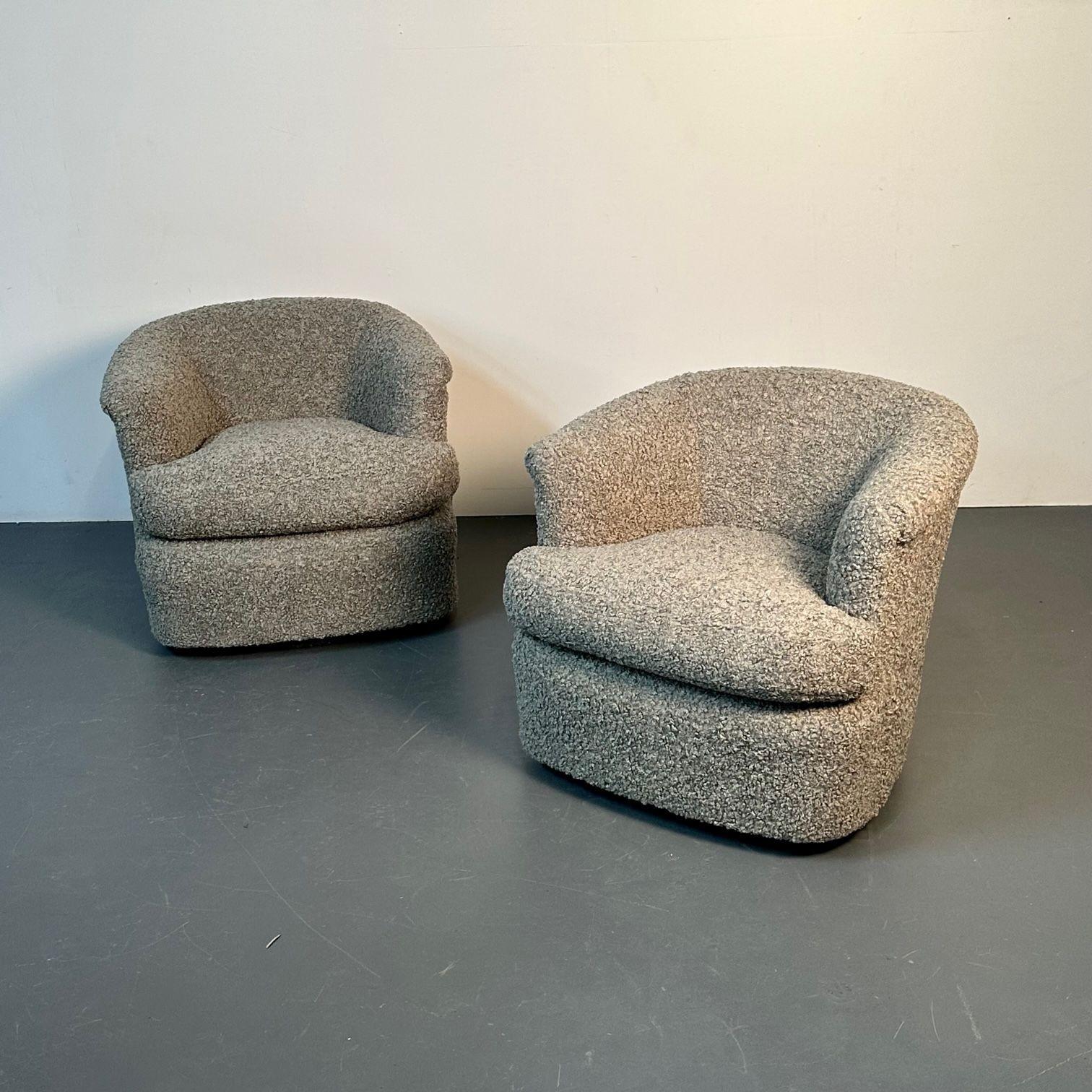 Pair of Mid-Century Modern Milo Baughman Style Grey Boucle Swivel Chairs
Chic pair of low swivel chairs in the style of American designer Milo Baughman. Newly upholstered in a fuzzy light gray boucle. These are both very comfortable. 
Other American