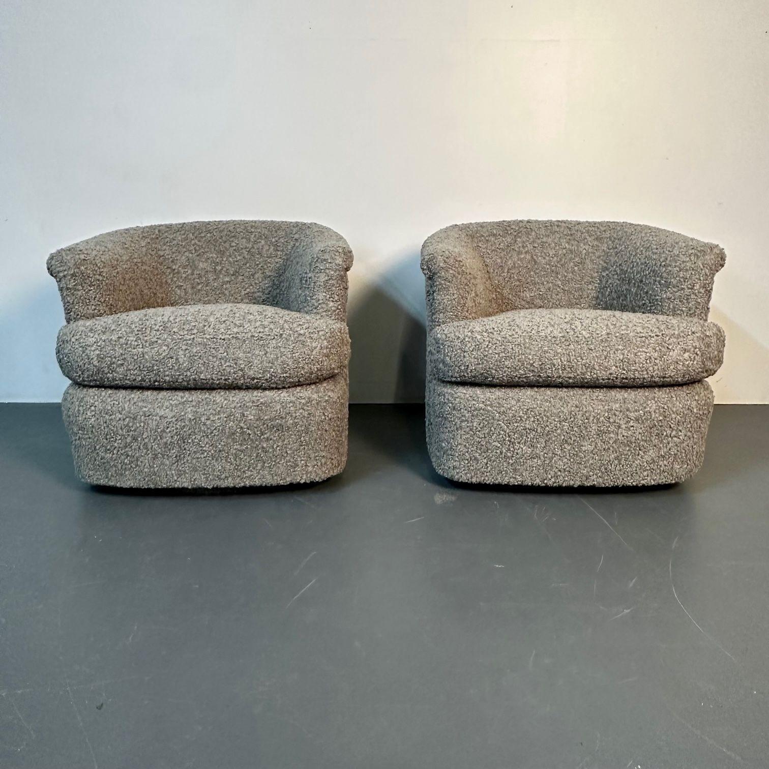 American Pair of Mid-Century Modern Milo Baughman Style Grey Boucle Swivel Chairs