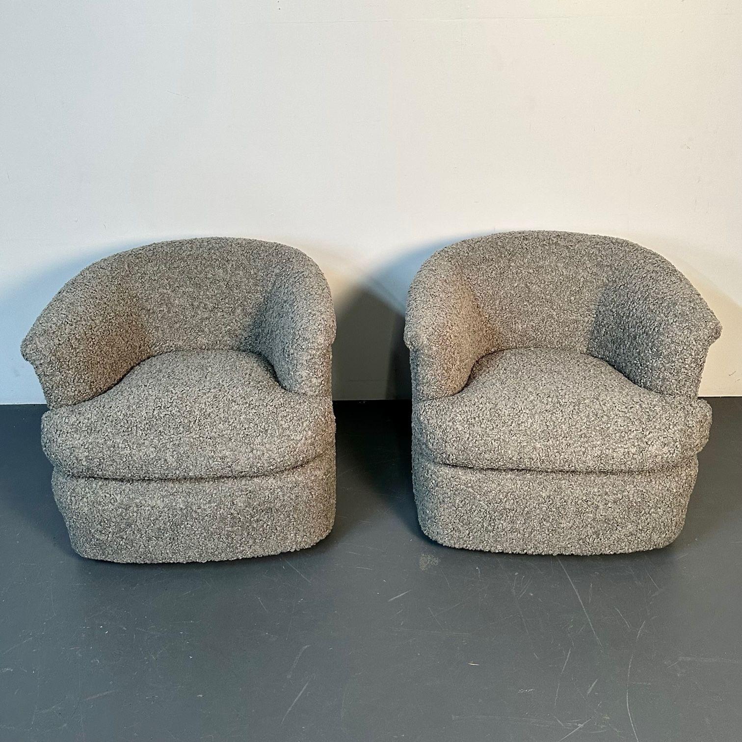 Late 20th Century Pair of Mid-Century Modern Milo Baughman Style Grey Boucle Swivel Chairs