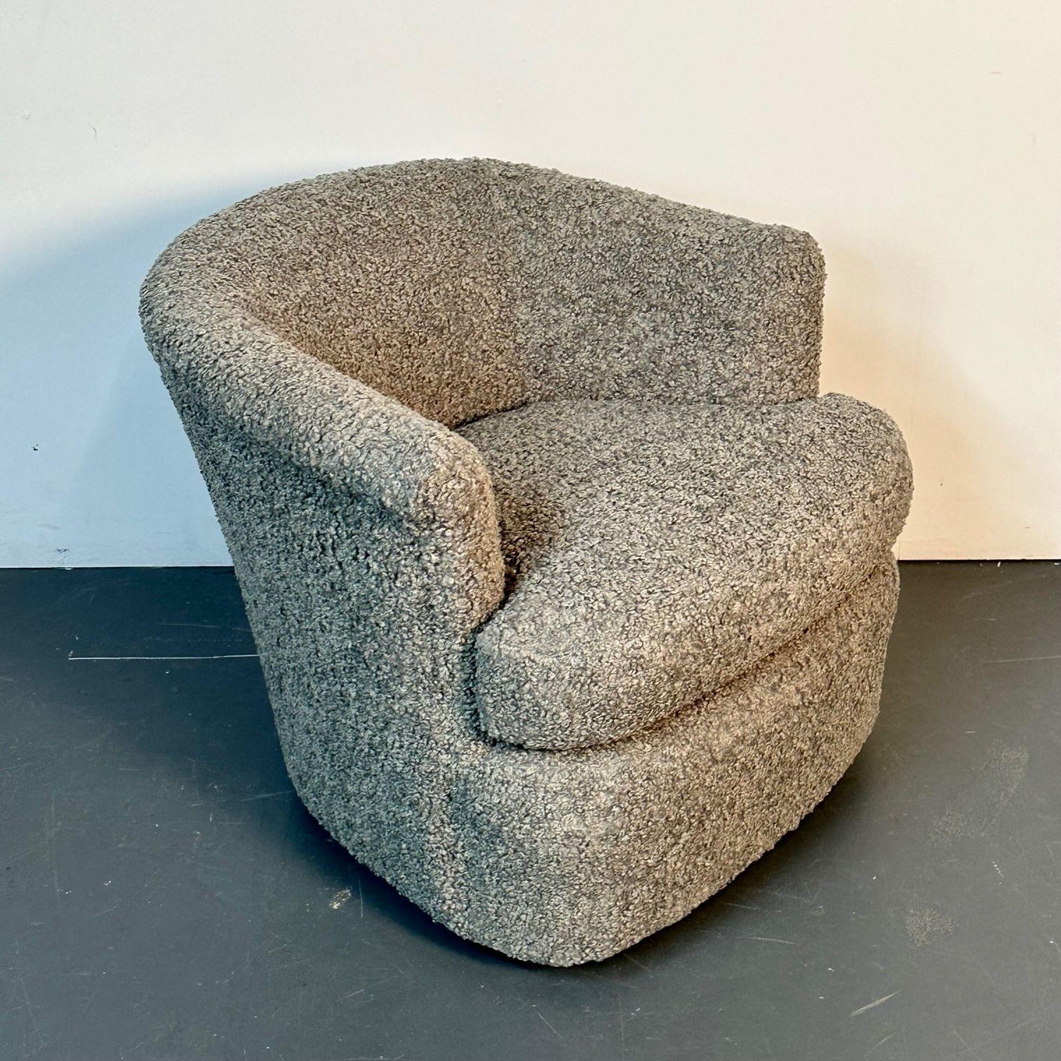 Pair of Mid-Century Modern Milo Baughman Style Grey Boucle Swivel Chairs 2
