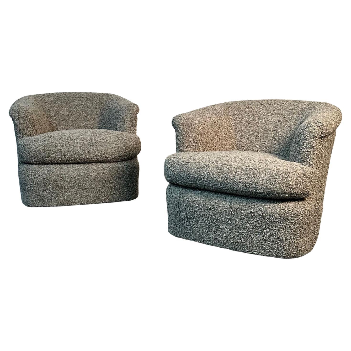 Pair of Mid-Century Modern Milo Baughman Style Grey Boucle Swivel Chairs