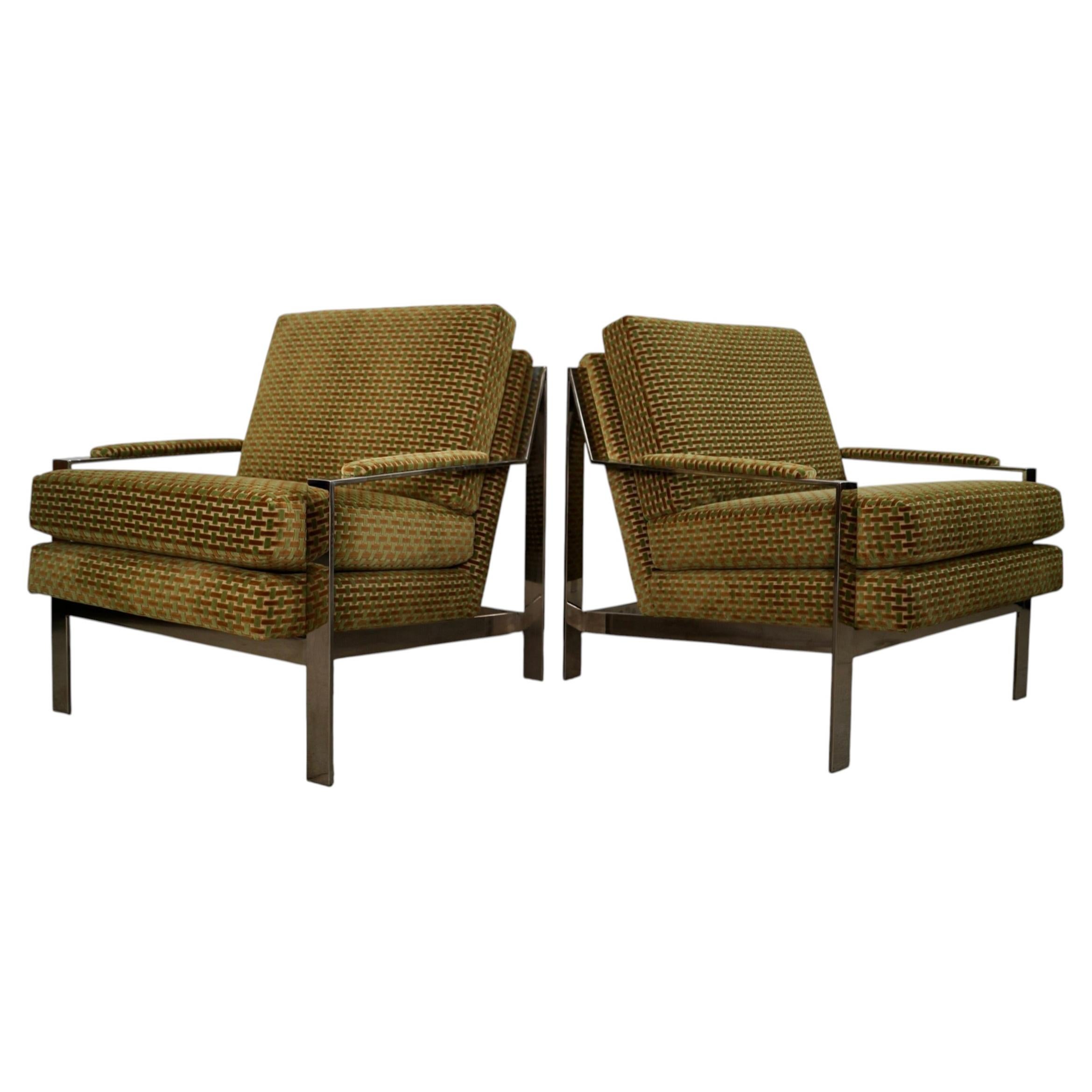Pair of Mid-Century Modern Milo Baughman Style Lounge Chairs in Cut Velvet
