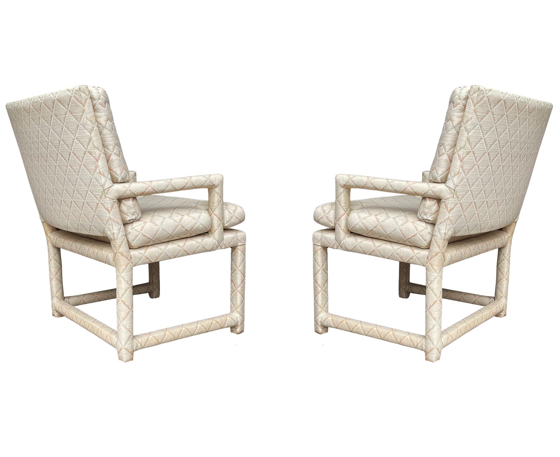 Pair of Mid Century Modern Milo Baughman Style Parsons Lounge Armchairs in Beige In Good Condition For Sale In Philadelphia, PA