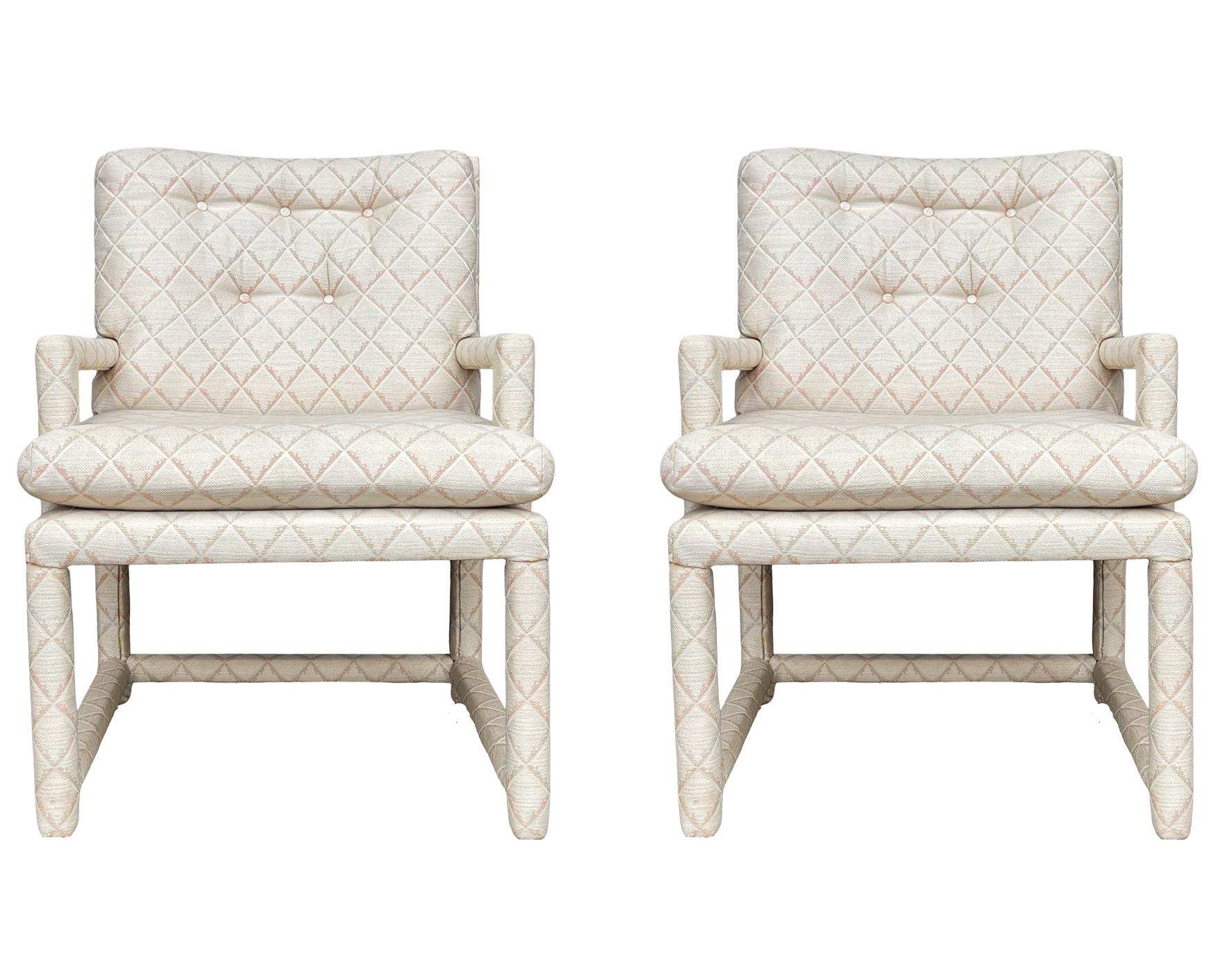 Fabric Pair of Mid Century Modern Milo Baughman Style Parsons Lounge Armchairs in Beige For Sale