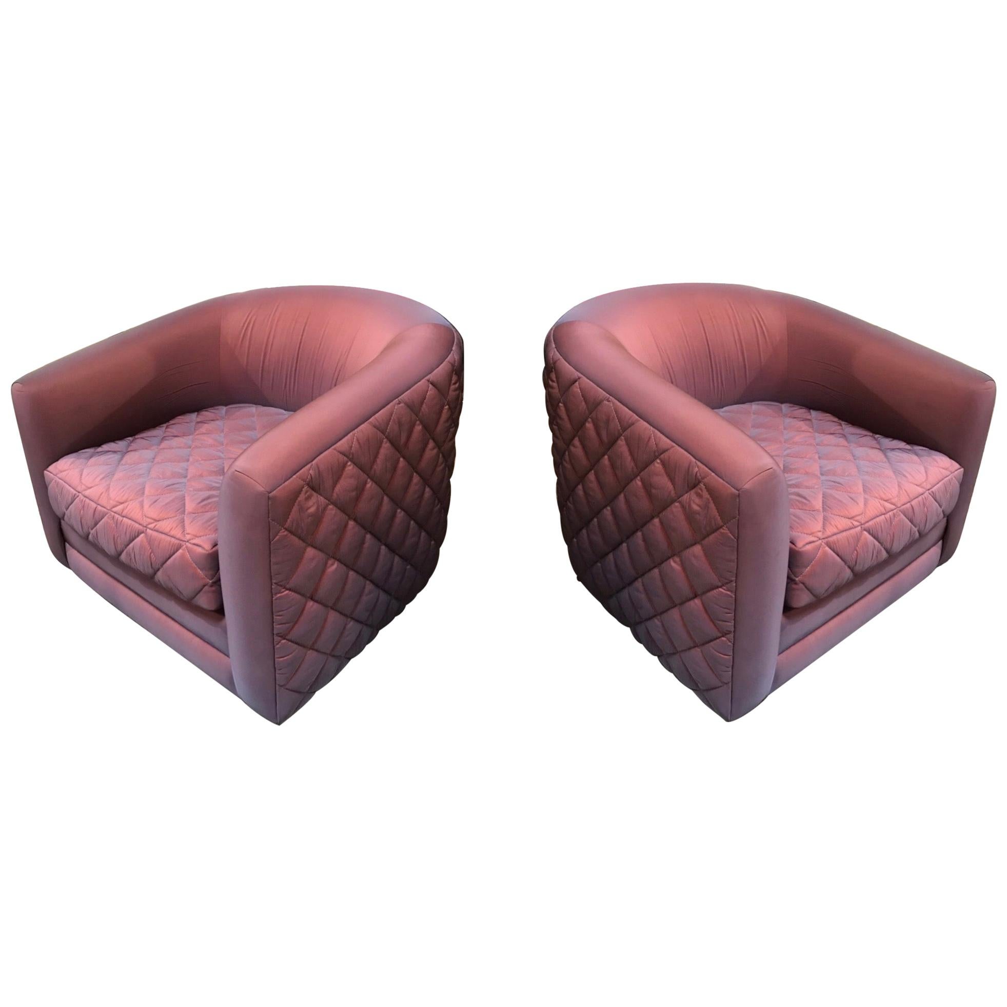 Pair of Mid-Century Modern Milo Baughman Style Walnut Base Swivel Club Chairs