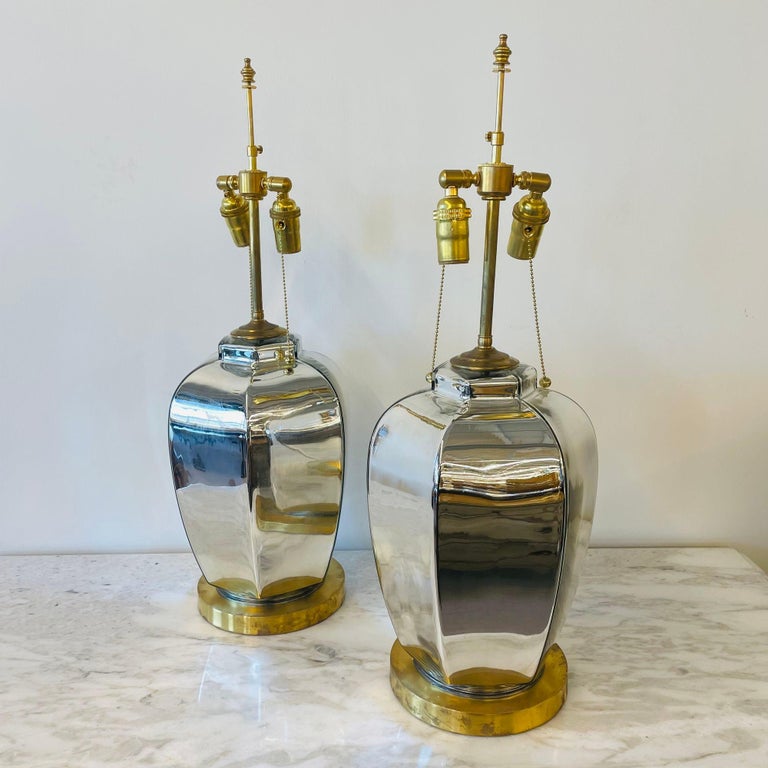 Pair of MidCentury Modern Mirrored Table Lamps, Mercury Glass, Ginger