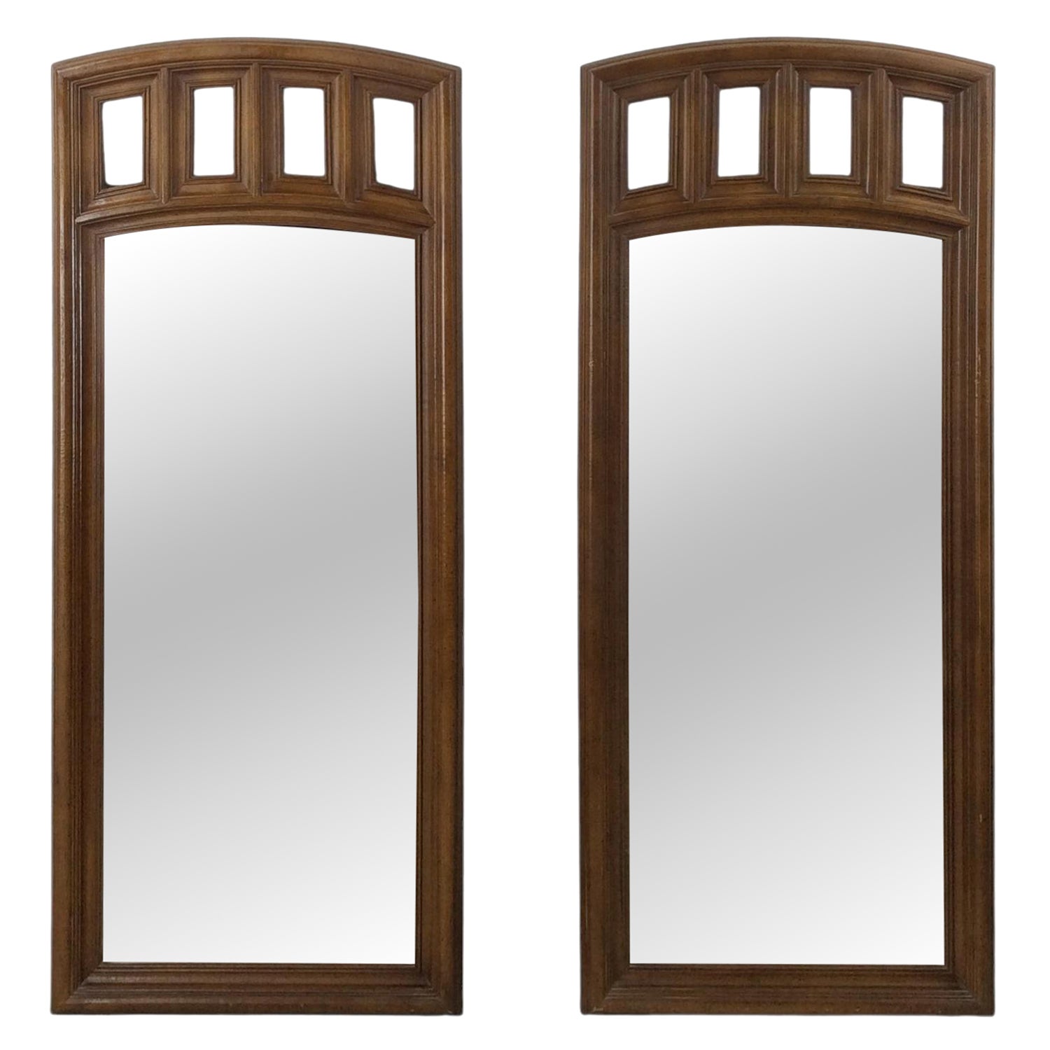 Pre-owned Stanley Furniture Pair Of Mid Century Modern Mirrors With Arch Top Frame In Brown
