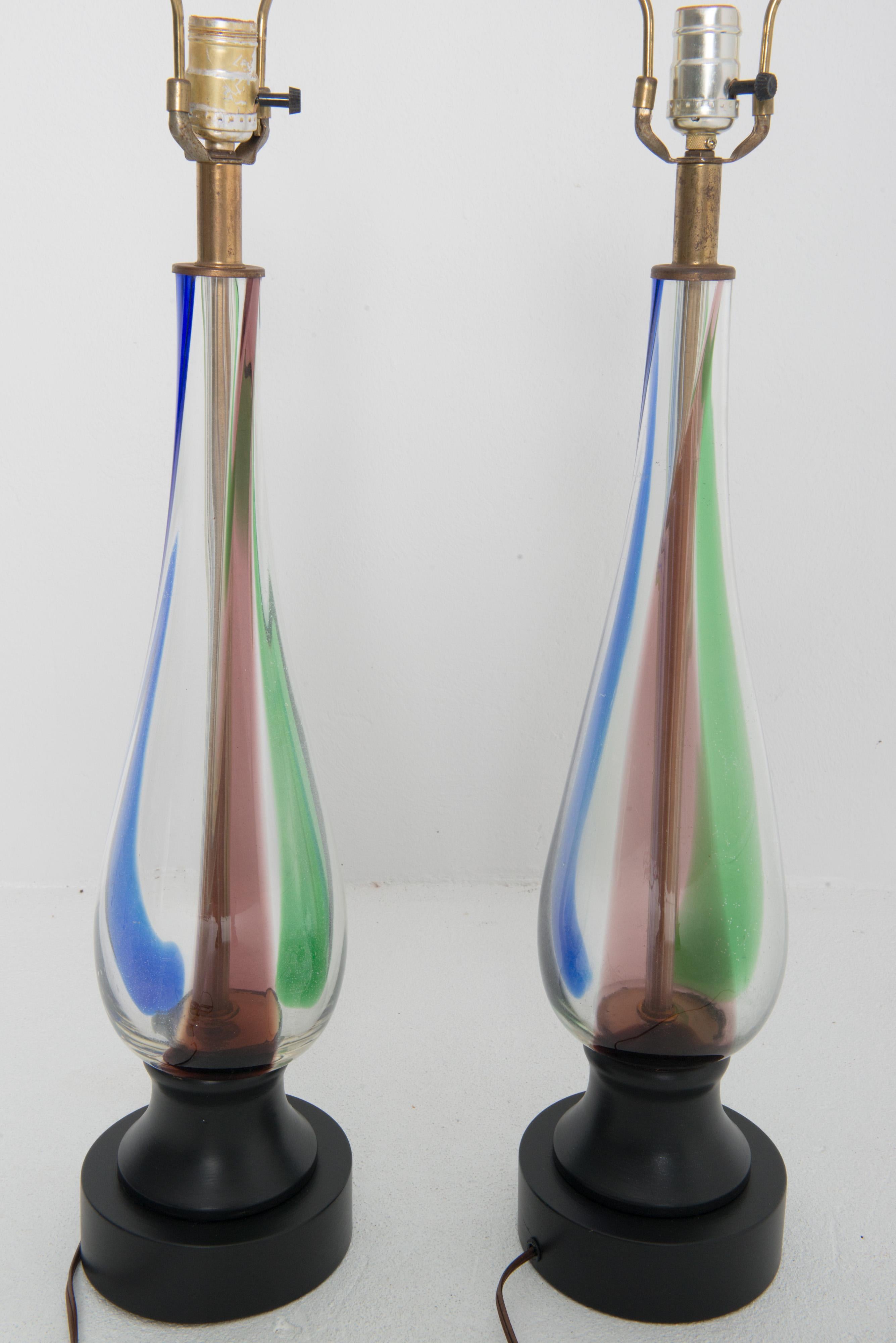 Pair of Mid Century Modern Multi Color Blown Glass Lamps For Sale 6