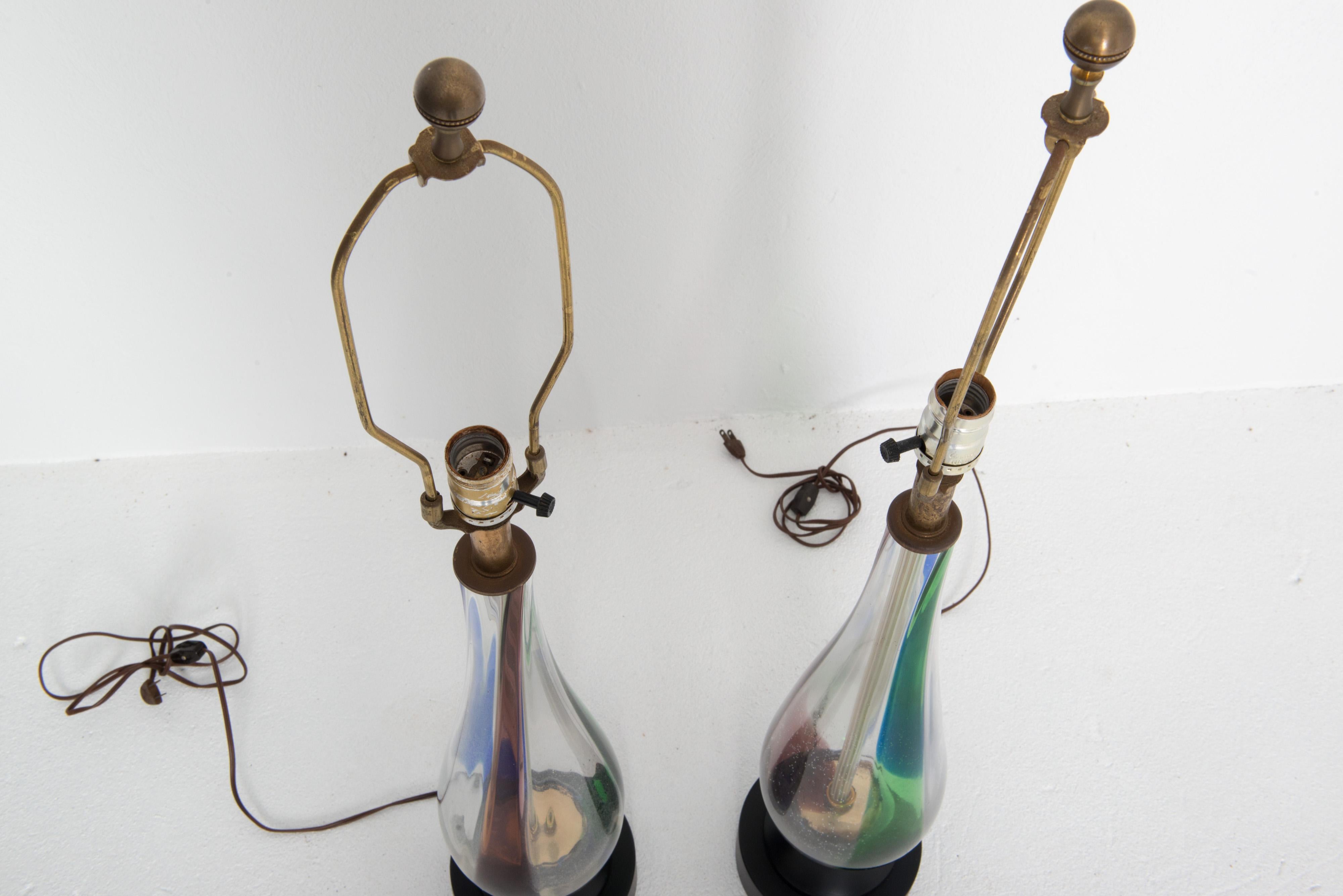 American Pair of Mid Century Modern Multi Color Blown Glass Lamps For Sale
