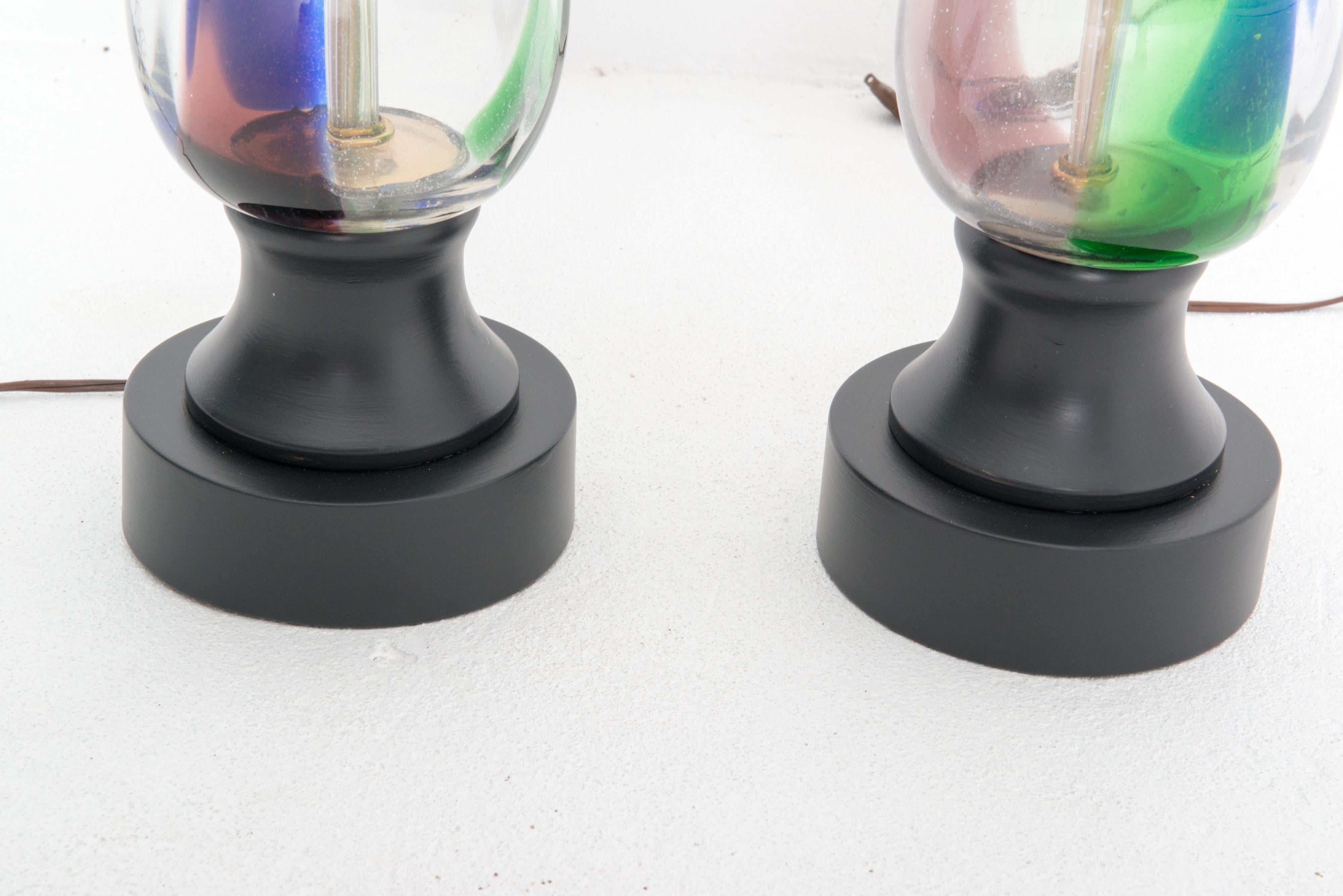 Pair of Mid Century Modern Multi Color Blown Glass Lamps For Sale 1