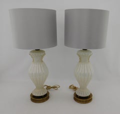 Pair of Mid-Century Modern Murano Art Glass Table Lamps with Gold Flakes