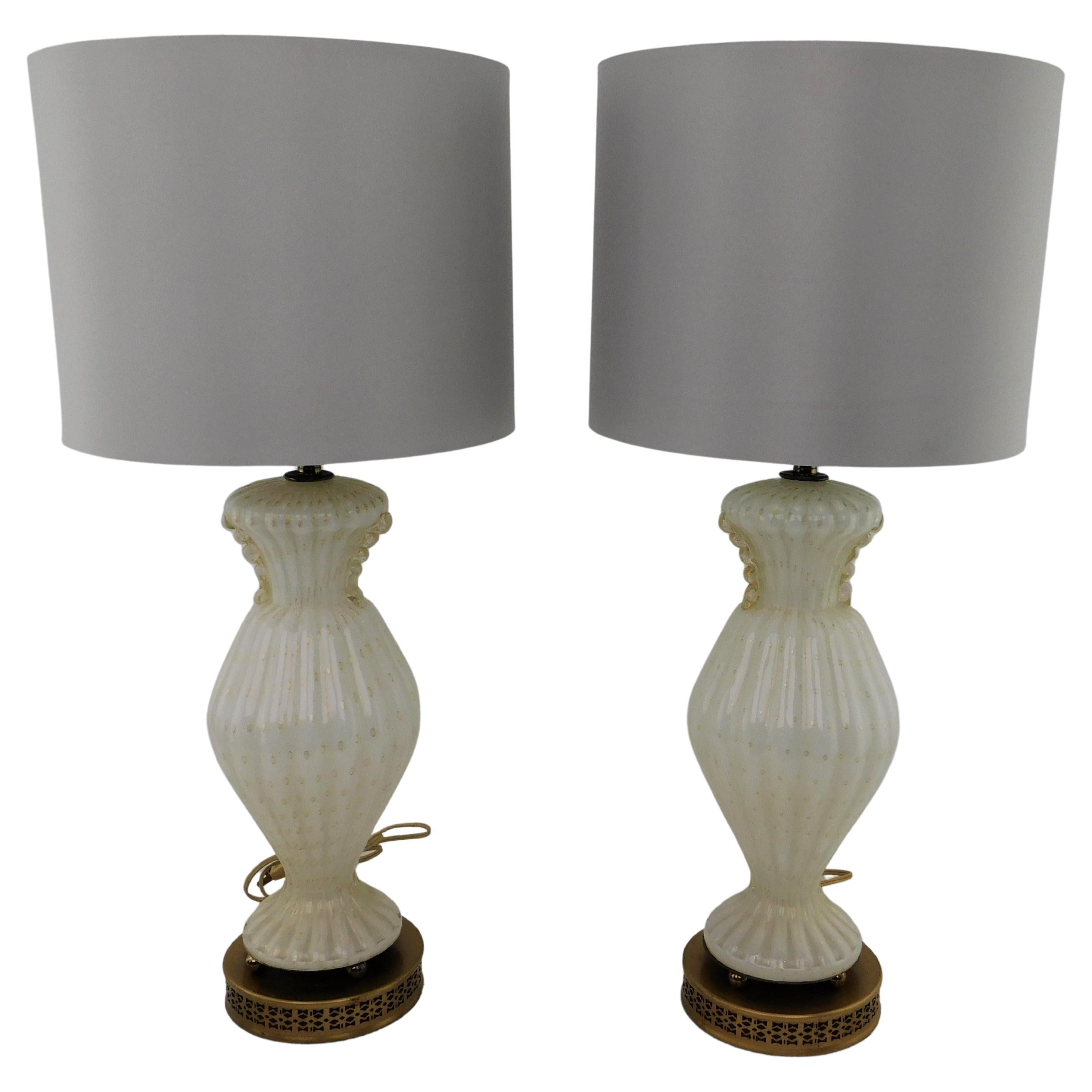 Pair of Mid-Century Modern Murano Art Glass Table Lamps with Gold Flakes For Sale