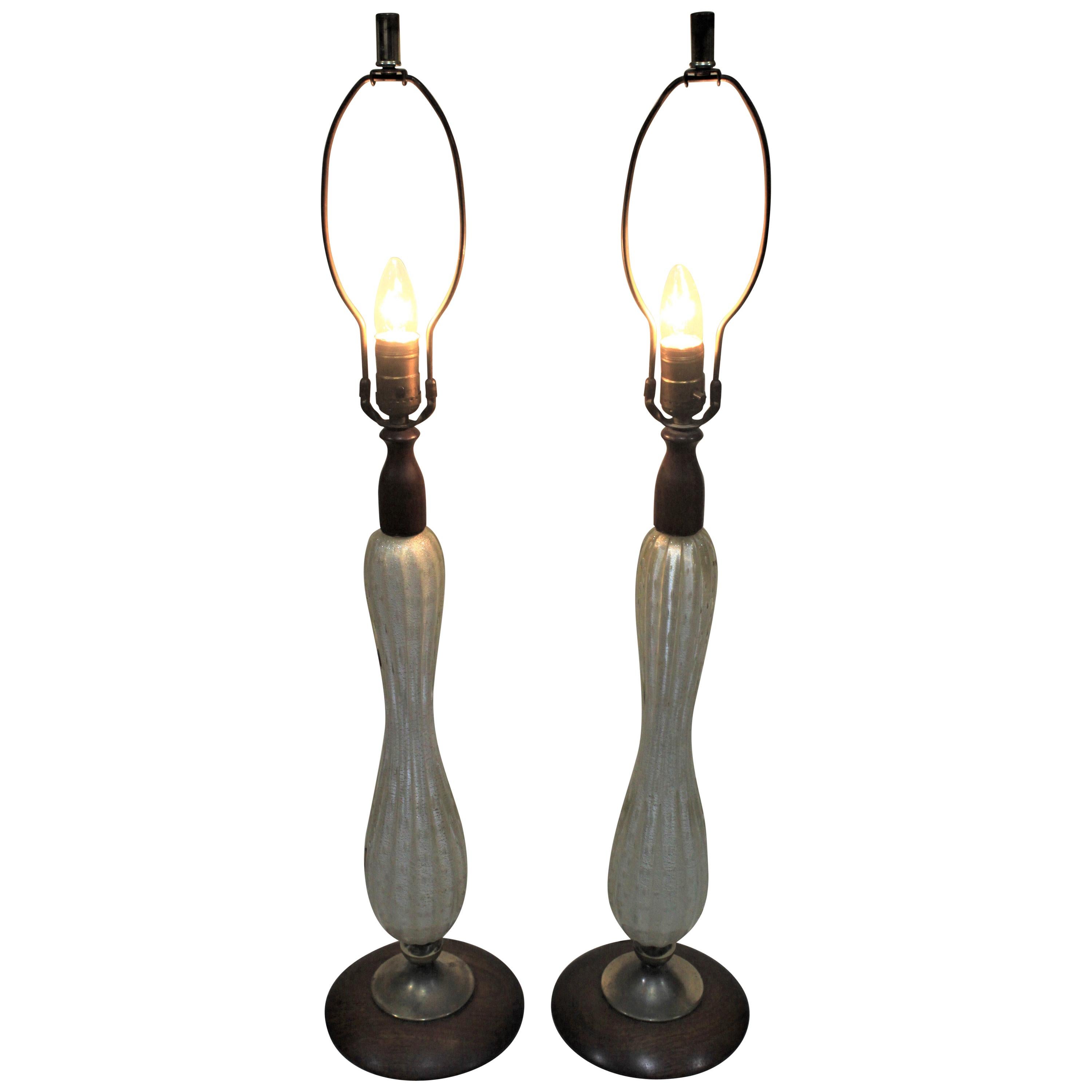 Pair of Mid-Century Modern Murano Art Glass Table Lamps with Teak Accents For Sale
