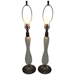 Pair of Mid-Century Modern Murano Art Glass Table Lamps with Teak Accents