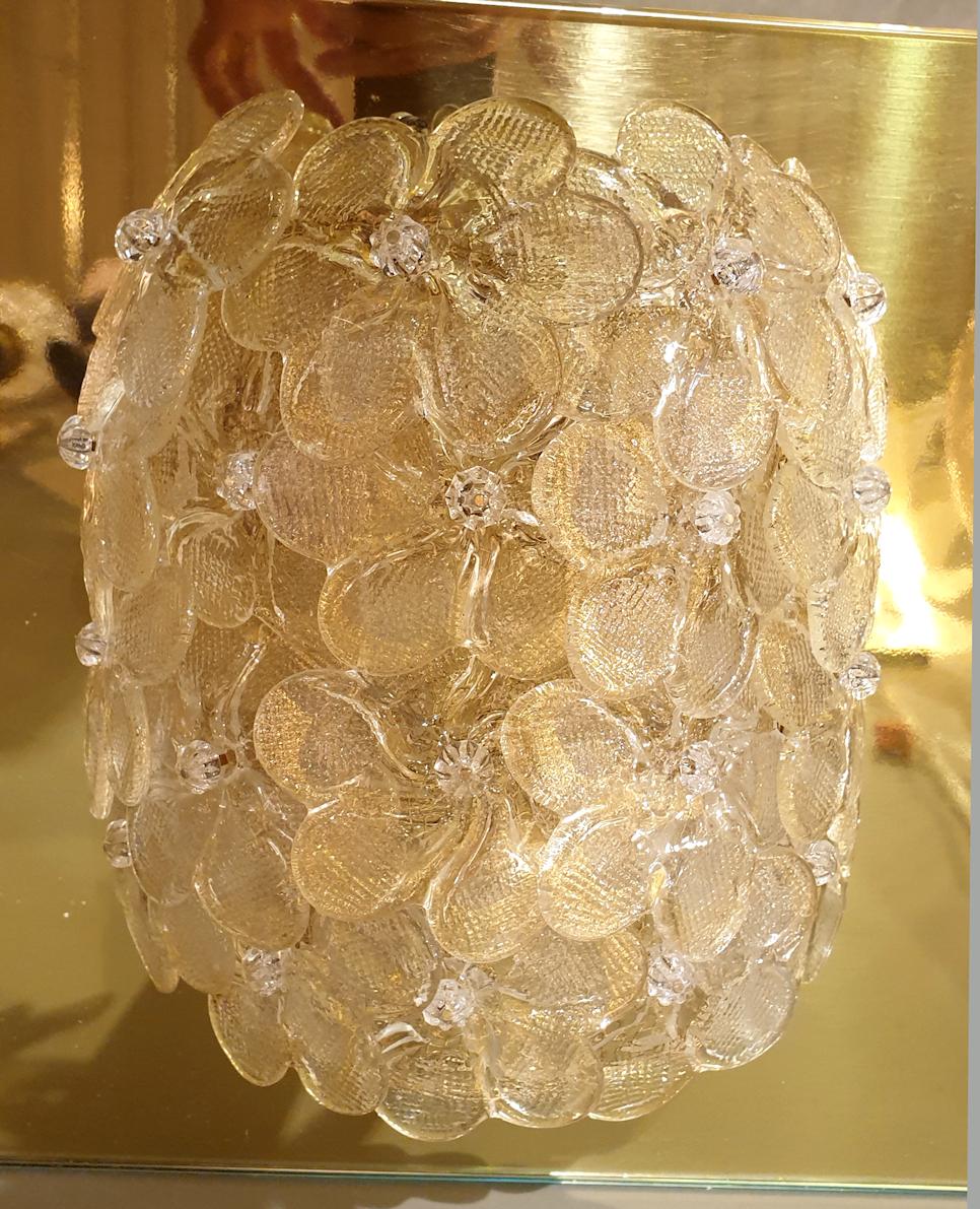Italian Mid-Century Modern Neoclassical Murano Glass Gold Flower Sconces, Barovier Italy