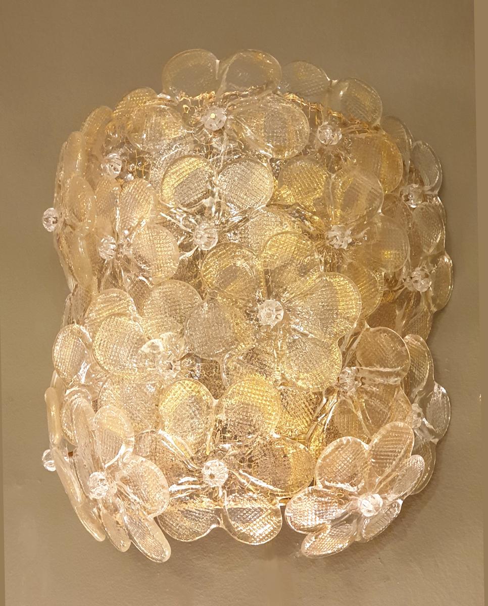 Hand-Crafted Mid-Century Modern Neoclassical Murano Glass Gold Flower Sconces, Barovier Italy