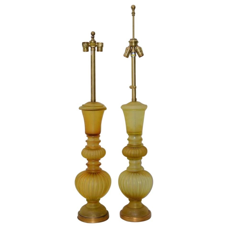 Pair of Marbro Seguso Murano "Corroso" Amber Glass Table Lamps, circa 1950 For Sale