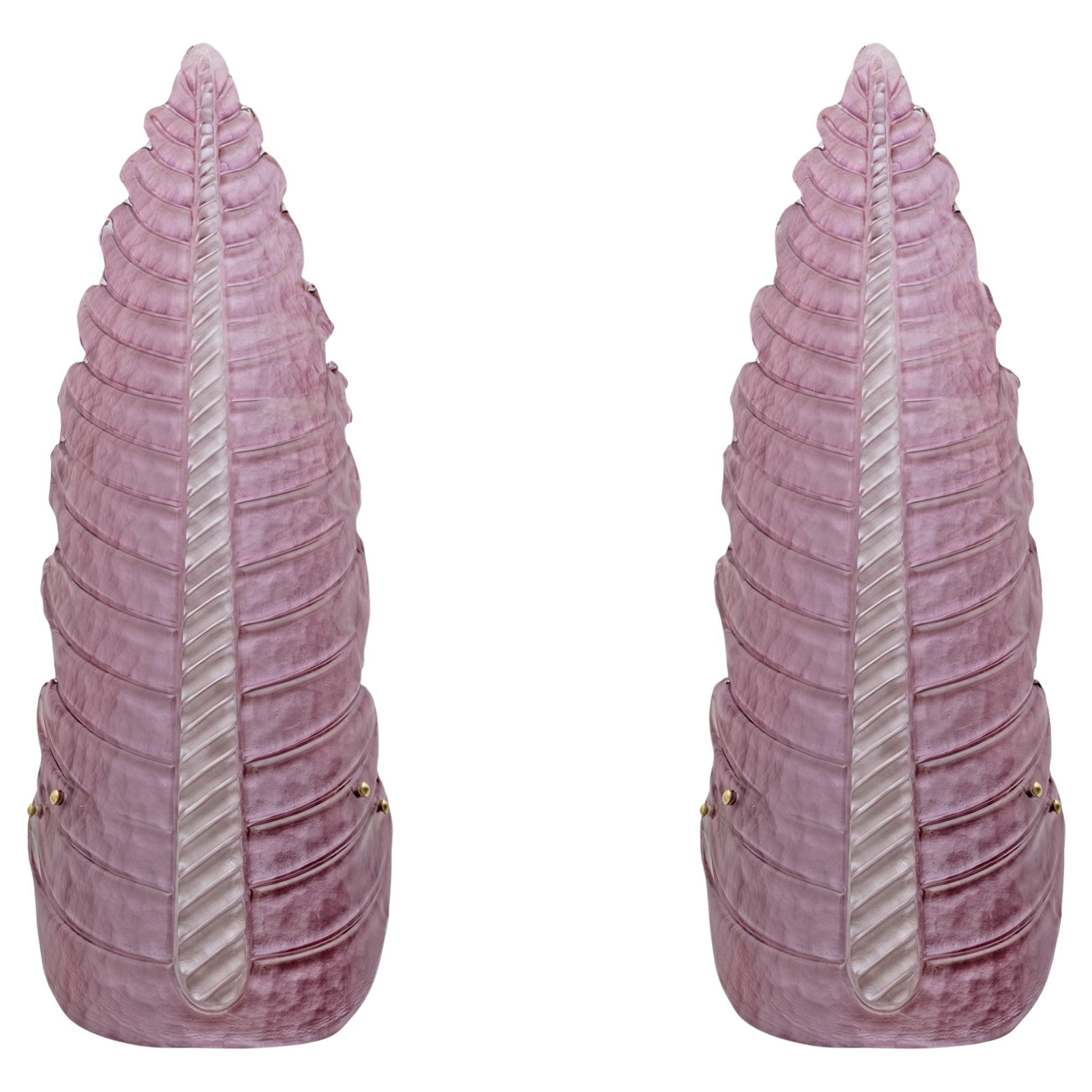 Pair of Mid-Century Modern Murano Glass Amethyst Pink Big Leafs Sconces