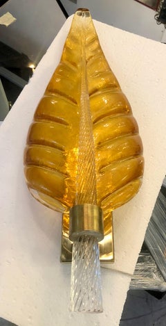 Pair of Mid-Century Modern Murano Glass & Brass Leaf Sconces by Barovier e Toso