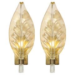 Pair of Mid-Century Modern Murano Glass & Brass Leaf Sconces by Barovier e Toso