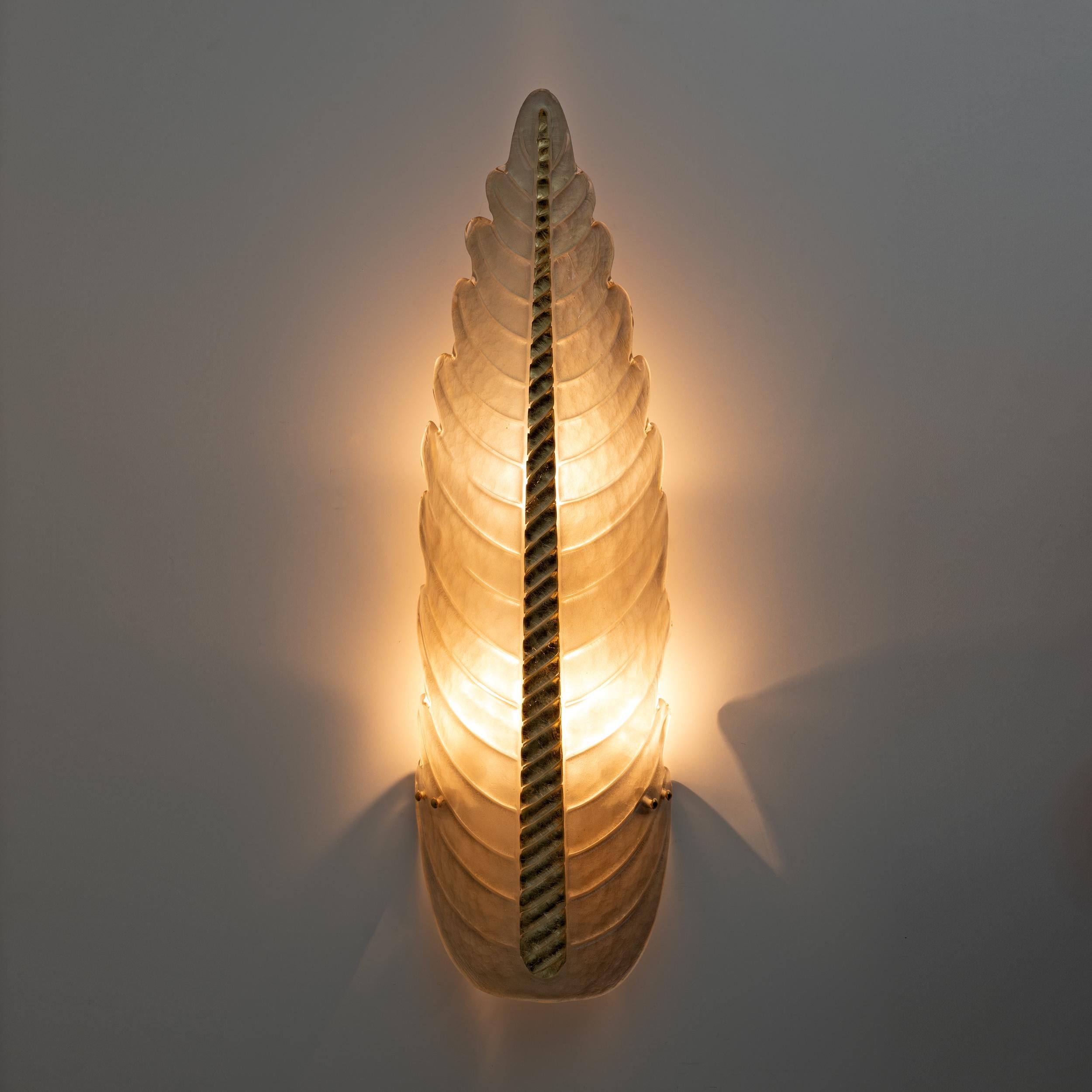 Italian Pair of Mid-Century Modern Murano Glass Gold Yellow Big Leafs Sconces For Sale