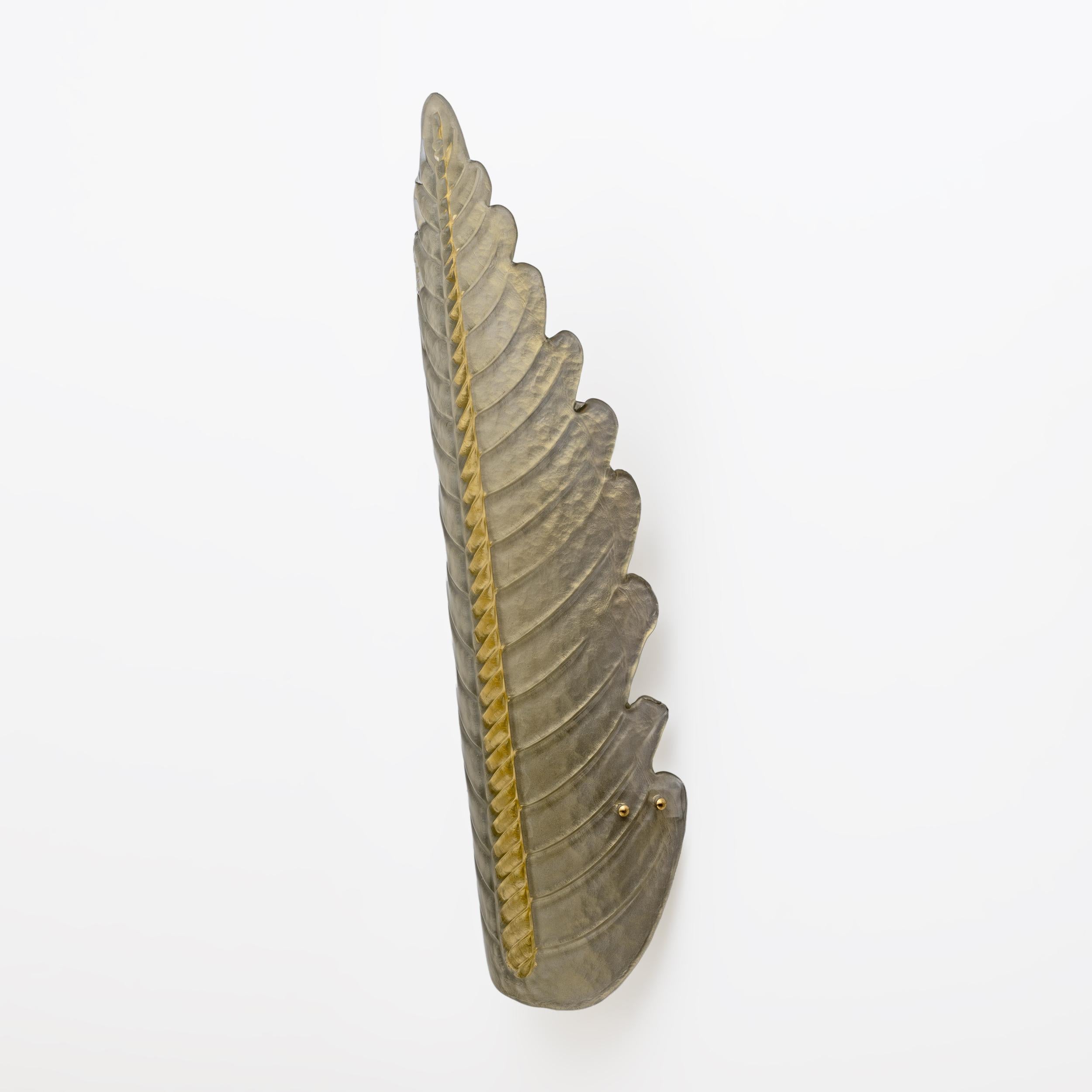 Metal Pair of Mid-Century Modern Murano Glass Gold Yellow Big Leafs Sconces For Sale